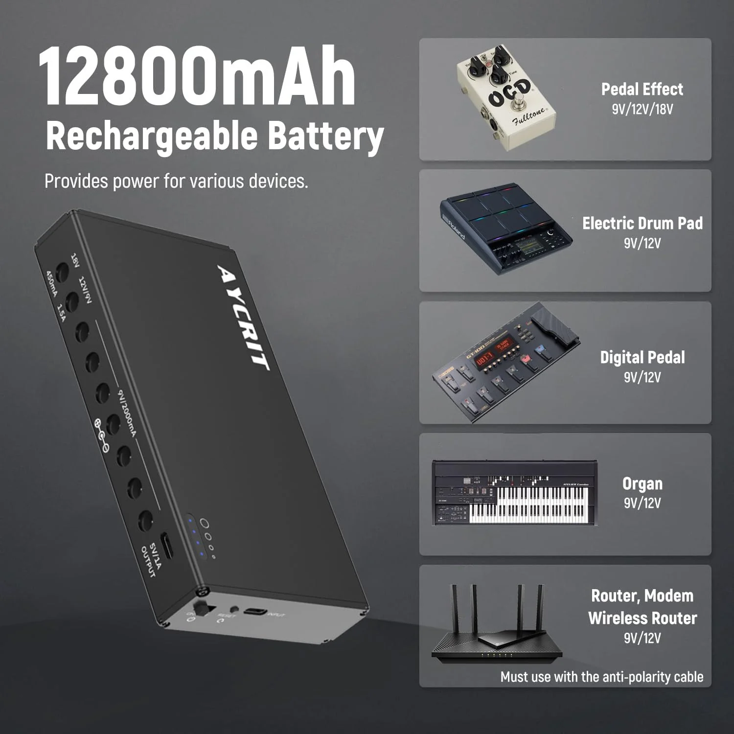 [New Version] AYCRIT Guitar Pedal Power Supply, Rechargeable 12800mAh 9 Outputs 9V2A/12V1.5A/18V450mA and 5V2A Type-C Port for iPhone ipad (MUSTAN-01) Style MUSTAN-01 - Image 5