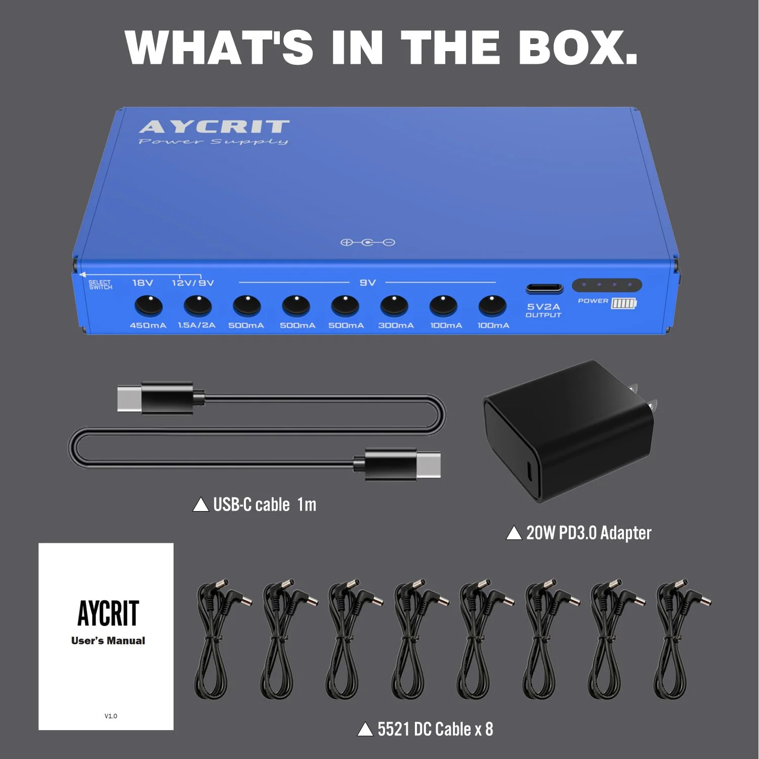 [New Version] AYCRIT Guitar Pedal Power Supply, Rechargeable 12800mAh 9 Outputs 9V2A/12V1.5A/18V450mA and 5V2A Type-C Port for iPhone ipad (MUSTAN-01) Style MUSTAN-01 - Image 8