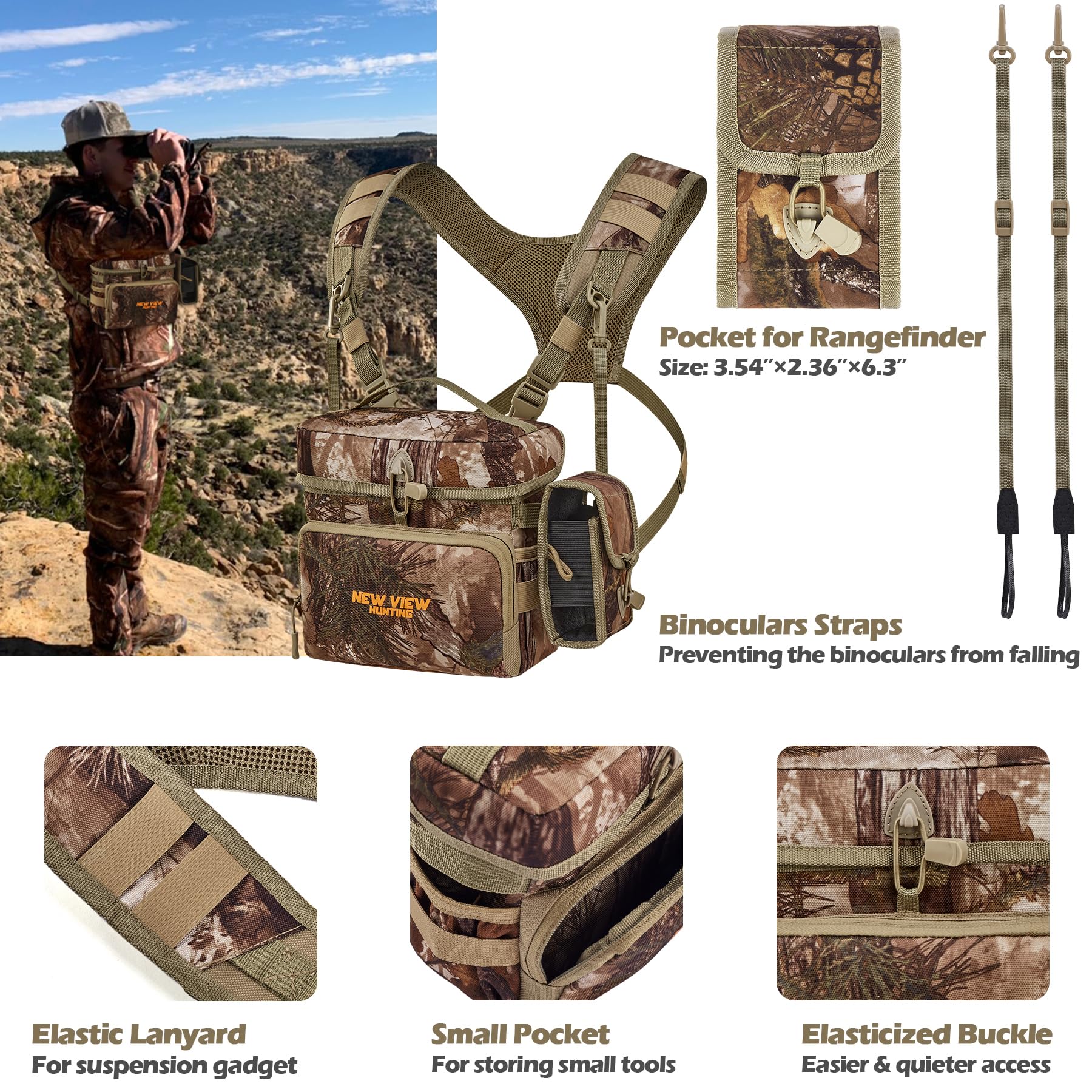 NEW VIEW Binocular Harness Chest Pack with Detachable Rangefinder Pouch,Adjustable Bino Harness&Rain Cover-Ideal for Hunting Large Camo Tree - Image 3