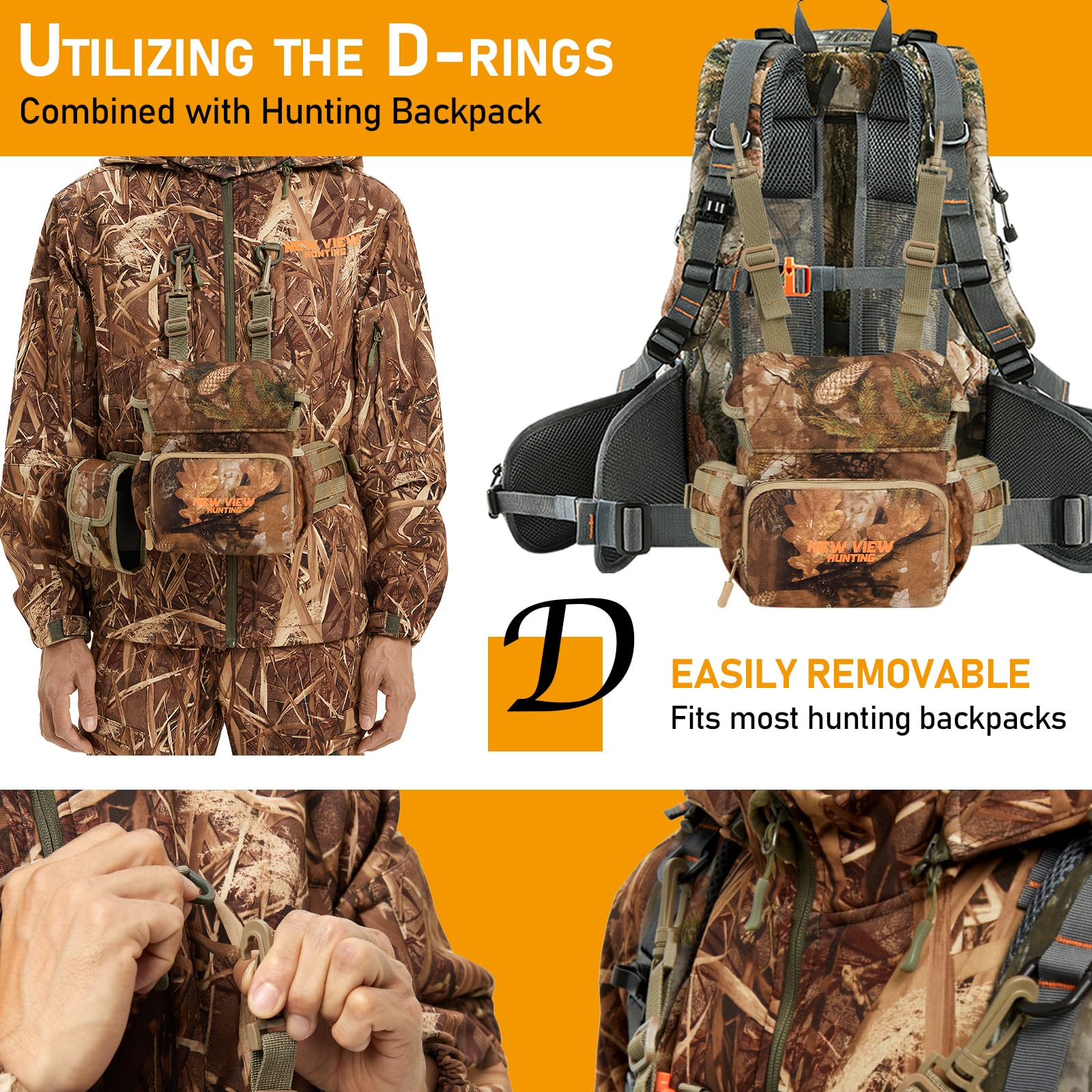 NEW VIEW Silent Binocular Harness Chest Pack, Hunting Bino Case with Dual MOLLE Straps, Binocular Harness with Detachable Chest Strap Rangefinder Pouch Rain Cover for Saddle Hunting Bird Watching Removable - Image 3