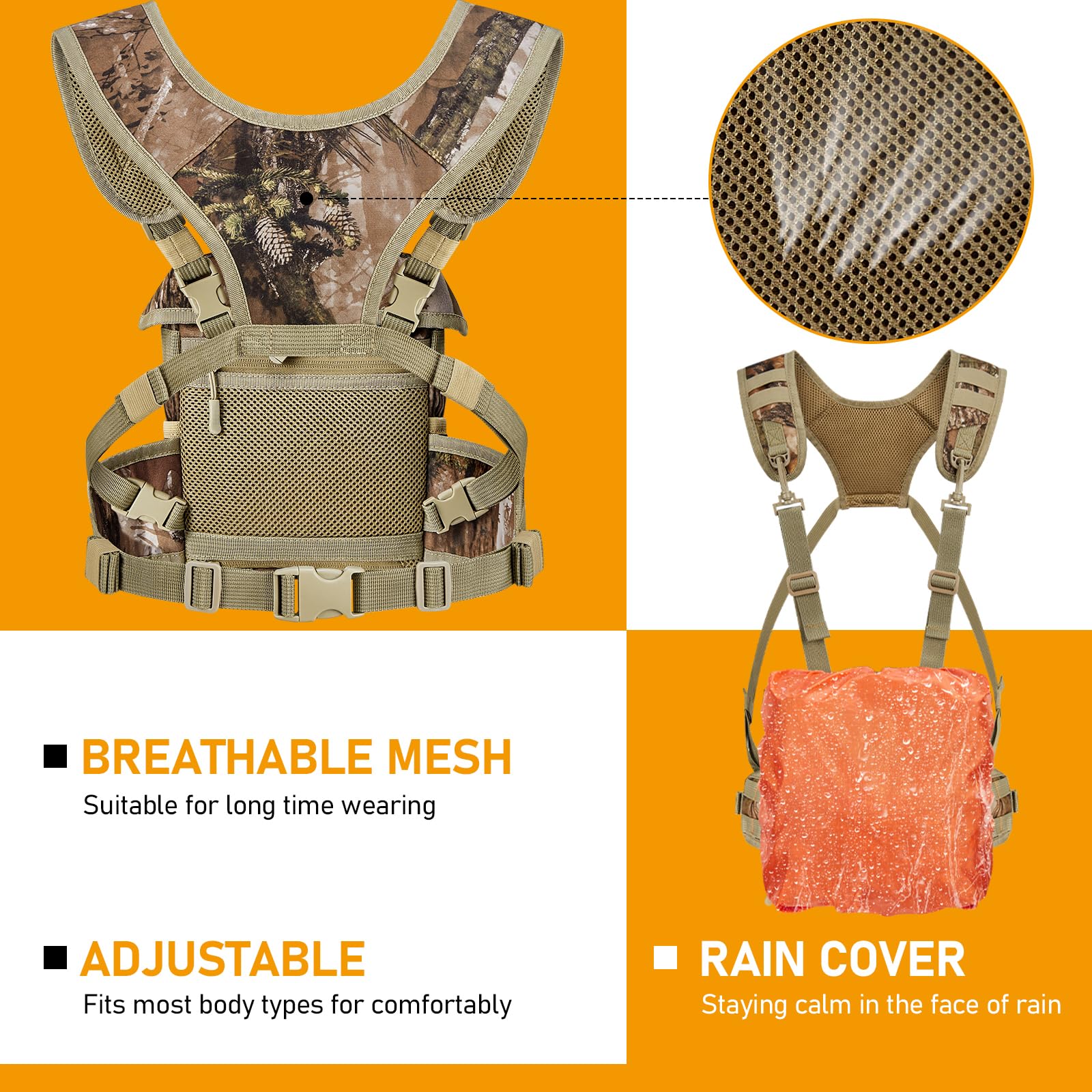NEW VIEW Silent Binocular Harness Chest Pack, Hunting Bino Case with Dual MOLLE Straps, Binocular Harness with Detachable Chest Strap Rangefinder Pouch Rain Cover for Saddle Hunting Bird Watching Removable - Image 5