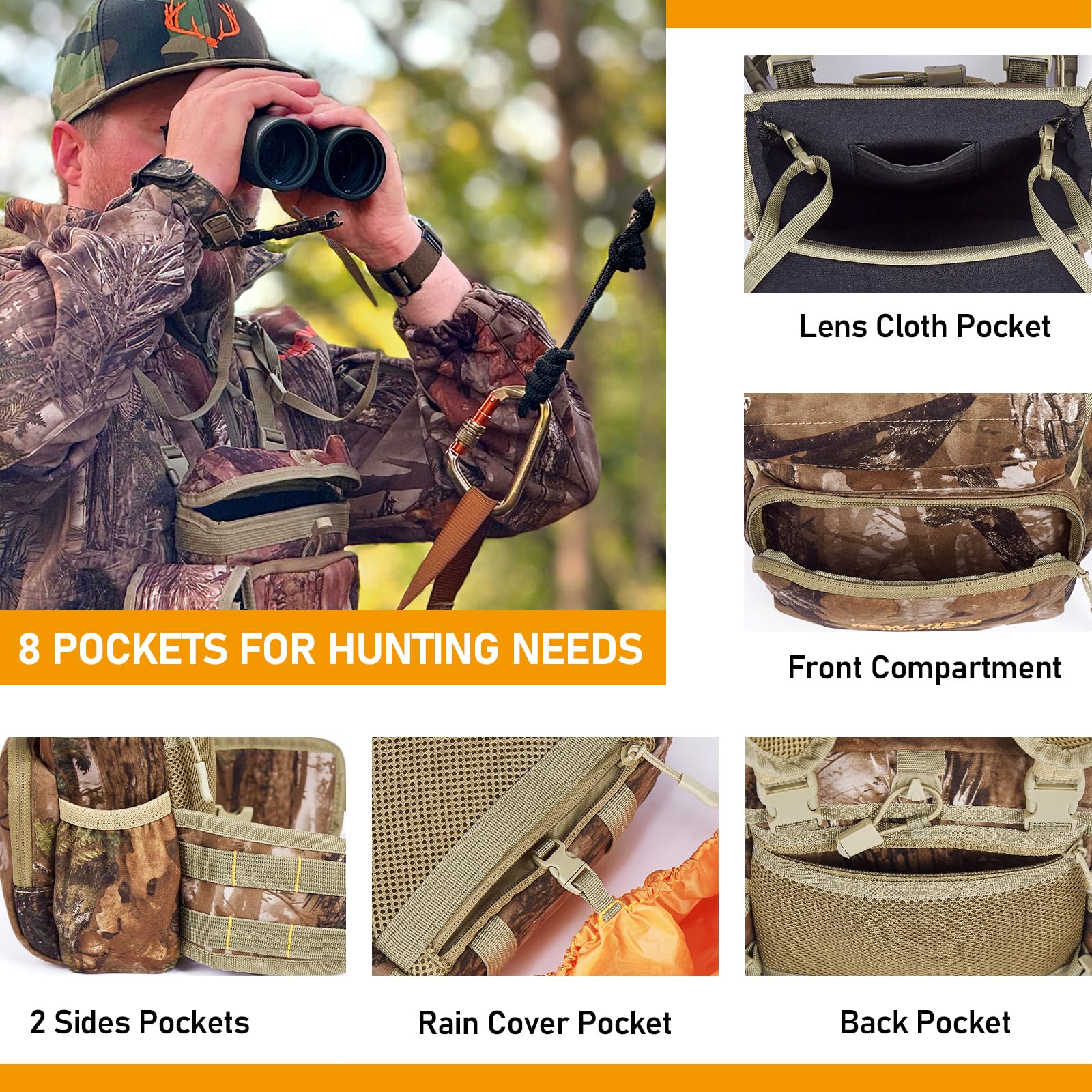 NEW VIEW Silent Binocular Harness Chest Pack, Hunting Bino Case with Dual MOLLE Straps, Binocular Harness with Detachable Chest Strap Rangefinder Pouch Rain Cover for Saddle Hunting Bird Watching Removable - Image 7