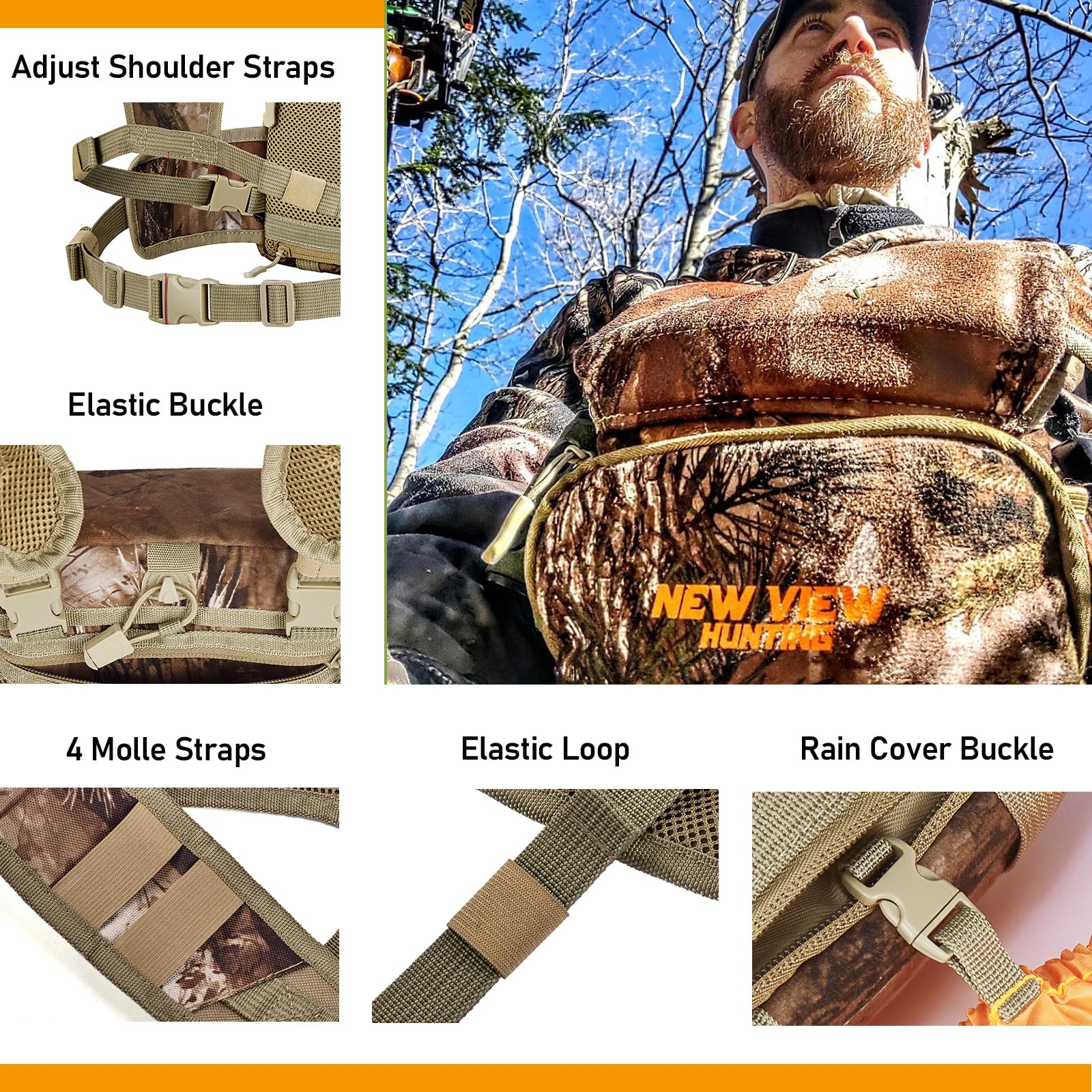 NEW VIEW Silent Binocular Harness Chest Pack, Hunting Bino Case with Dual MOLLE Straps, Binocular Harness with Detachable Chest Strap Rangefinder Pouch Rain Cover for Saddle Hunting Bird Watching Removable - Image 8