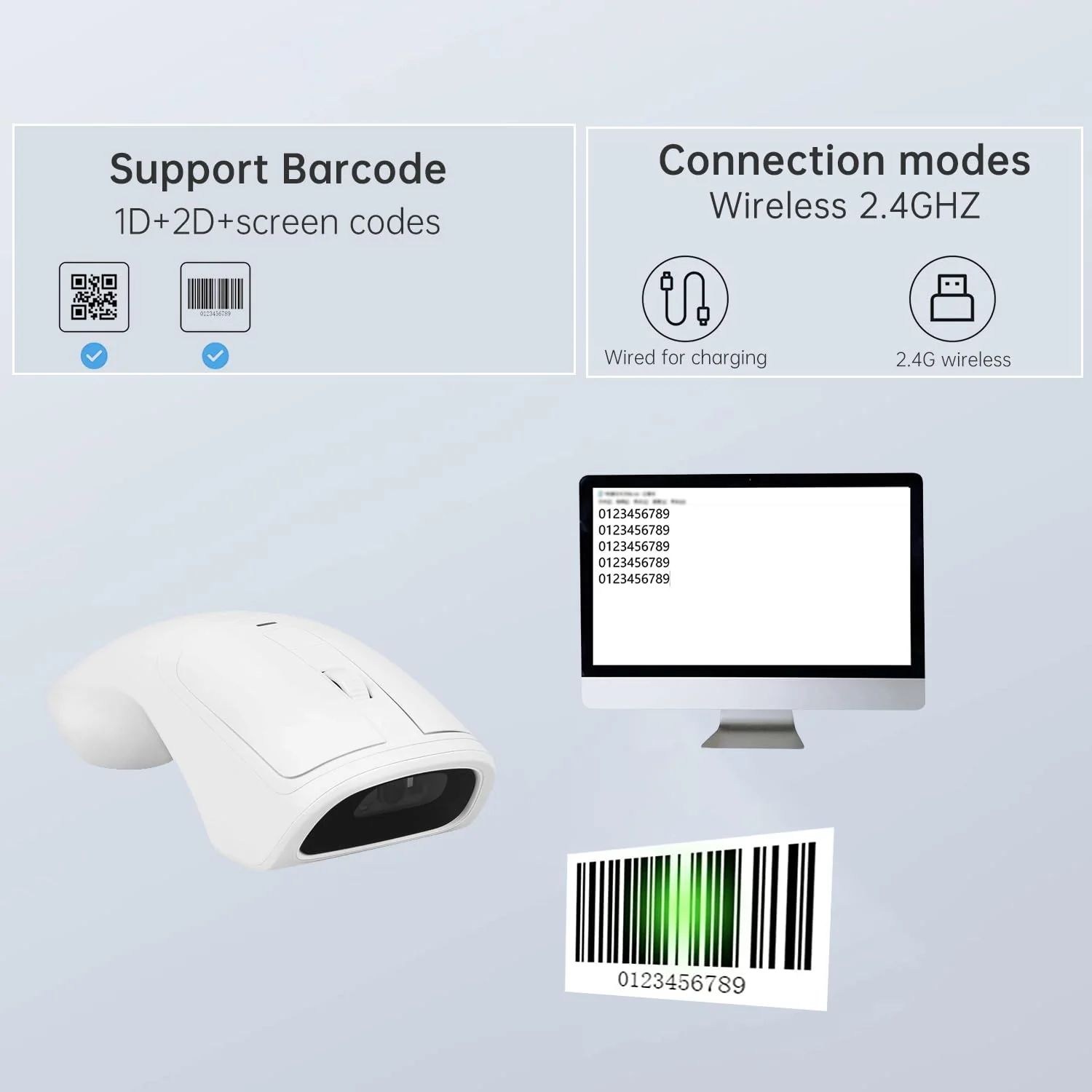 New Wireless Mouse Barcode Scanner, 2-in-1 Design 2D Handheld Barcode Scanner with Wireless Mouse Functions for POS System,Store,Supermarket, Warehouse.(Black) M3 White - Image 5