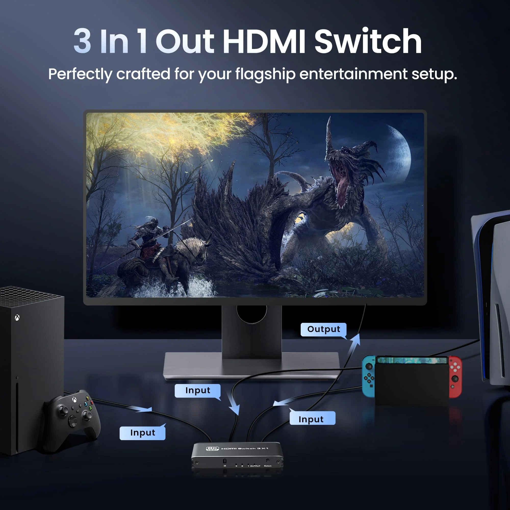 NEWCARE 3 Ports HDMI 2.1 Switch Box 4K@120Hz, HDMI 2.1 Splitter 3 in 1 out with Remote & Auto-Switching, HDMI selector switch Support VRR ALLM HDR 3D Audio, for PS5, Xbox, PC, Streaming Device 3x1 4K@120Hz - Image 2