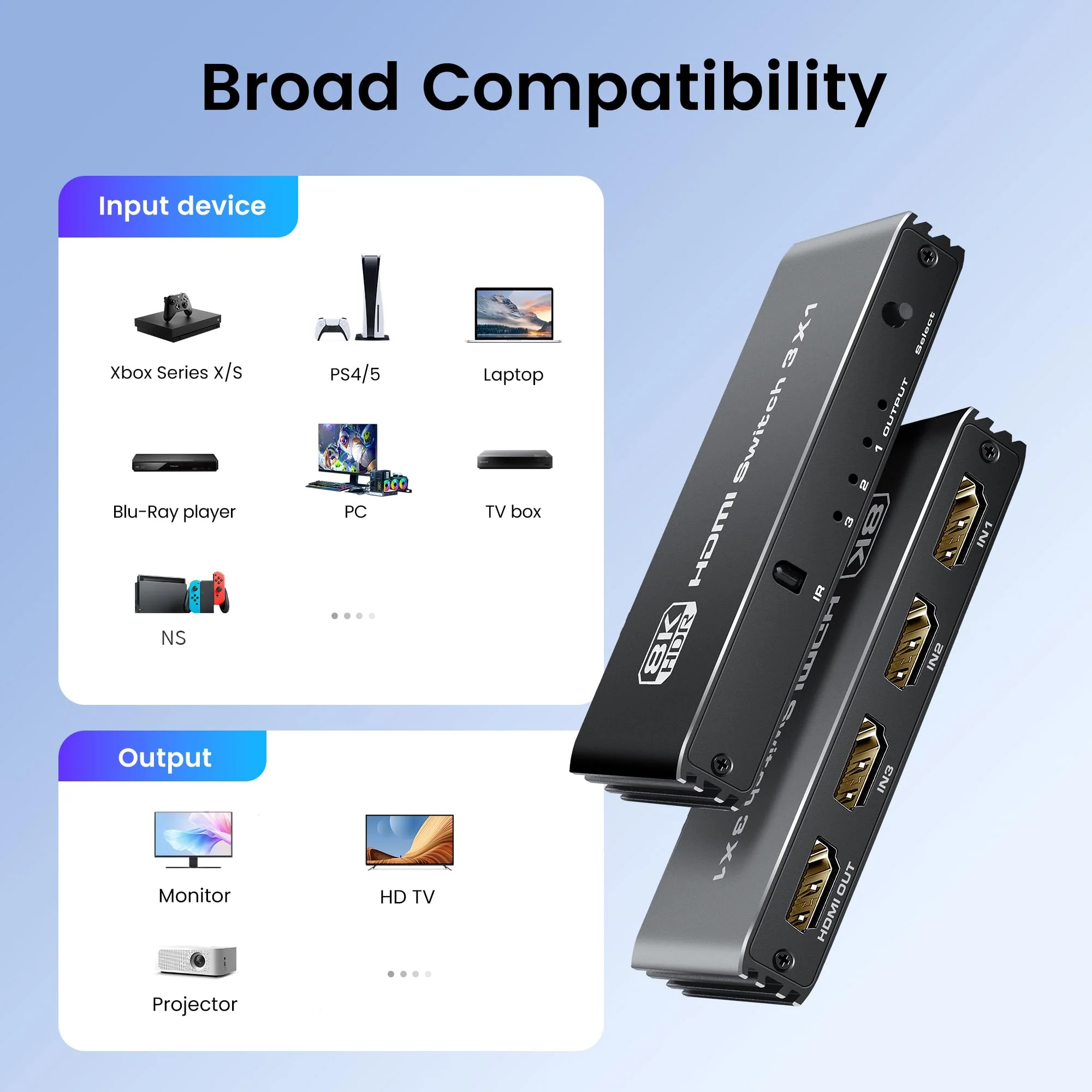NEWCARE 3 Ports HDMI 2.1 Switch Box 4K@120Hz, HDMI 2.1 Splitter 3 in 1 out with Remote & Auto-Switching, HDMI selector switch Support VRR ALLM HDR 3D Audio, for PS5, Xbox, PC, Streaming Device 3x1 4K@120Hz - Image 4