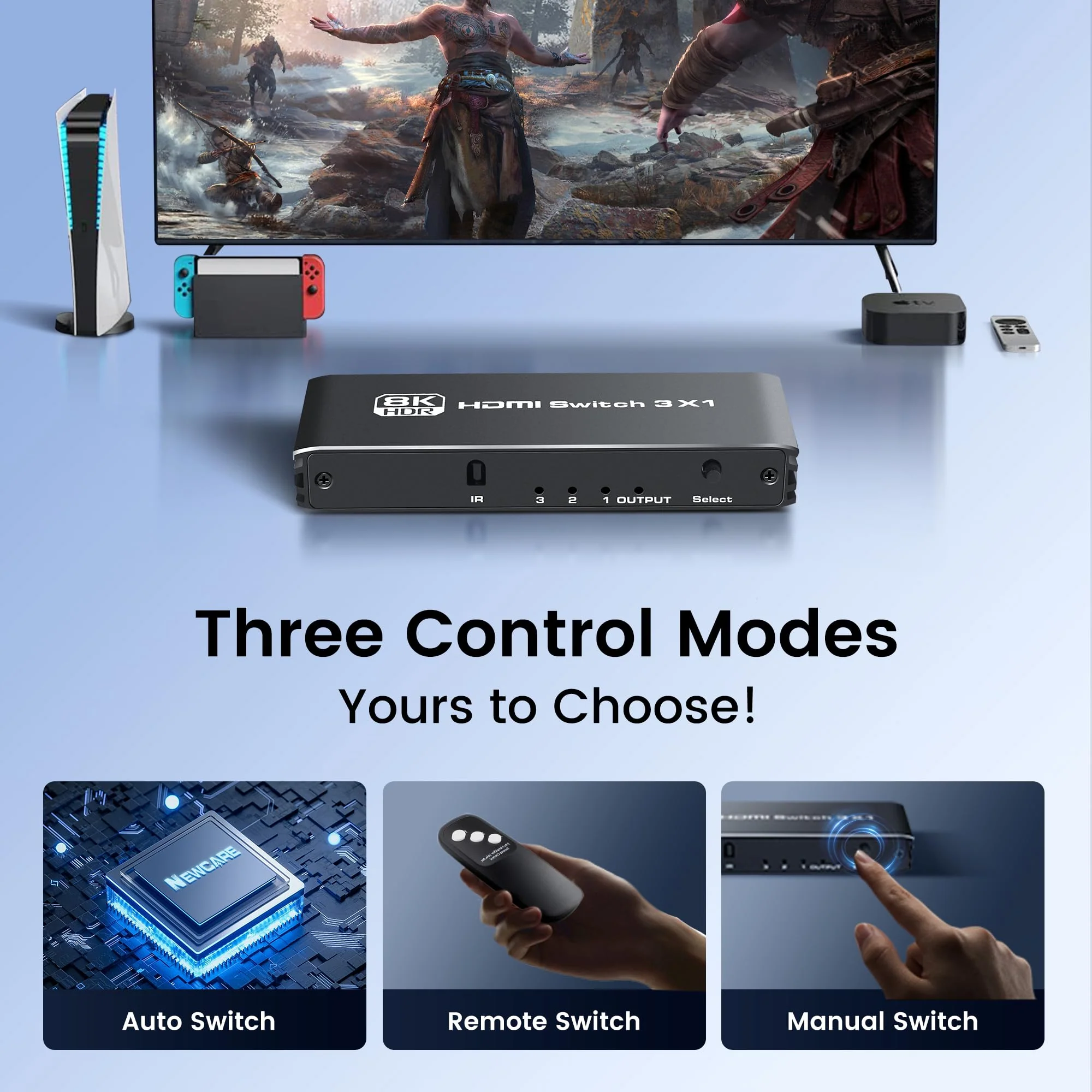 NEWCARE 3 Ports HDMI 2.1 Switch Box 4K@120Hz, HDMI 2.1 Splitter 3 in 1 out with Remote & Auto-Switching, HDMI selector switch Support VRR ALLM HDR 3D Audio, for PS5, Xbox, PC, Streaming Device 3x1 4K@120Hz - Image 6