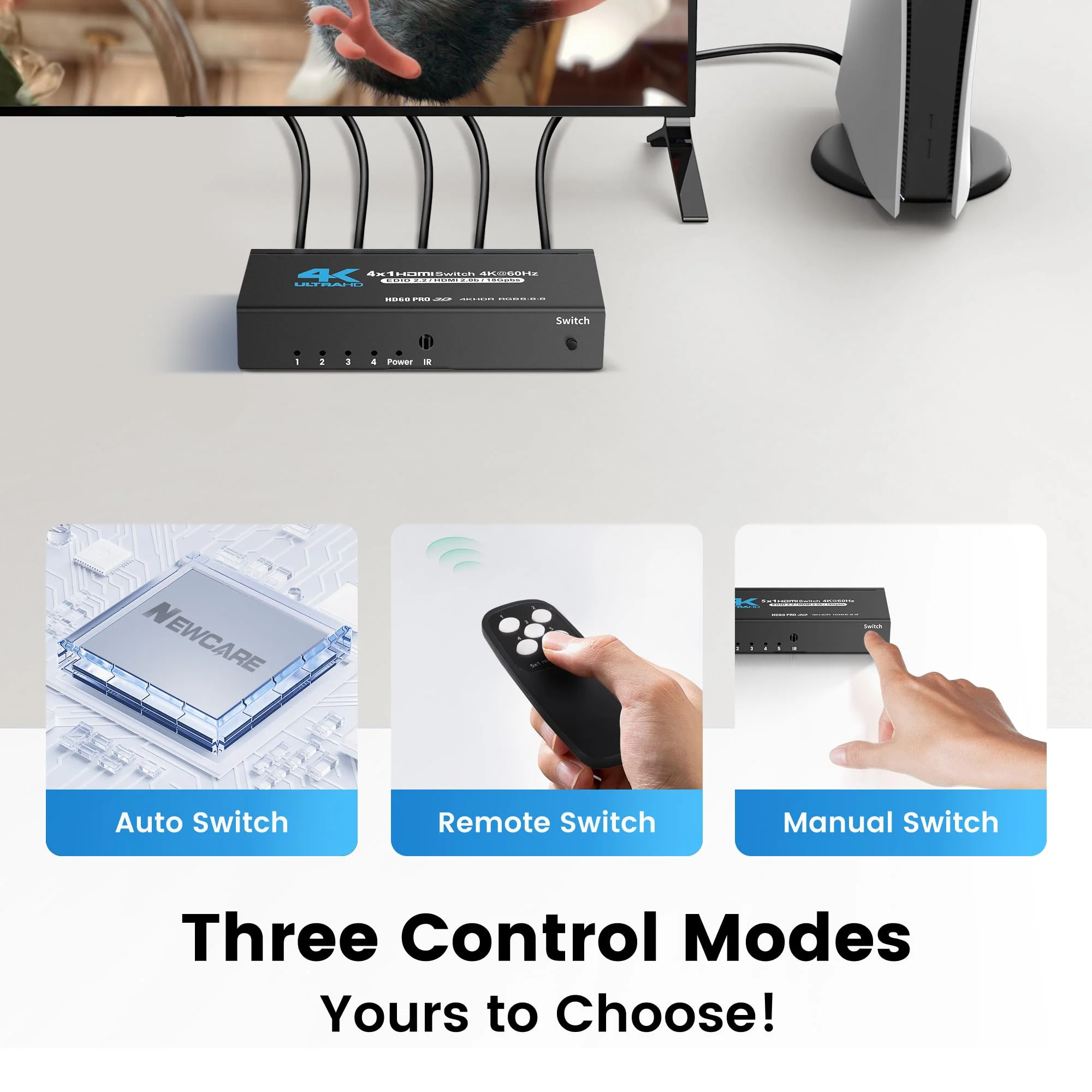 NEWCARE 4K@60Hz HDMI Switch 4 in 1 Out with Type-C Charging Cable (4x1 4k@60Hz with Remote) 4x1 4k@60Hz with remote - Image 4