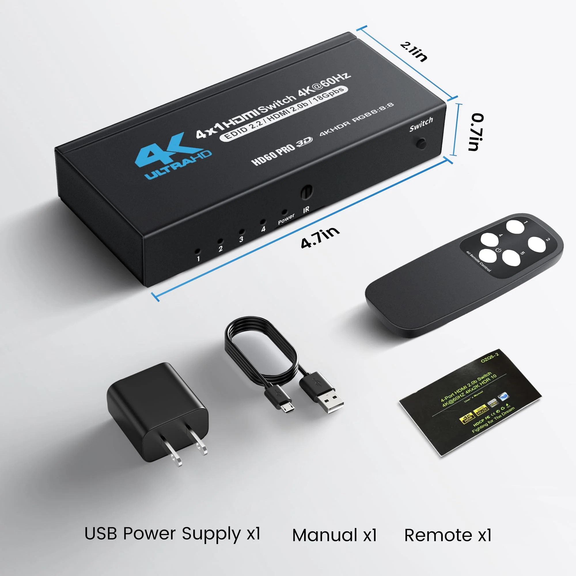 NEWCARE 4K@60Hz HDMI Switch 4 in 1 Out with Type-C Charging Cable (4x1 4k@60Hz with Remote) 4x1 4k@60Hz with remote - Image 9