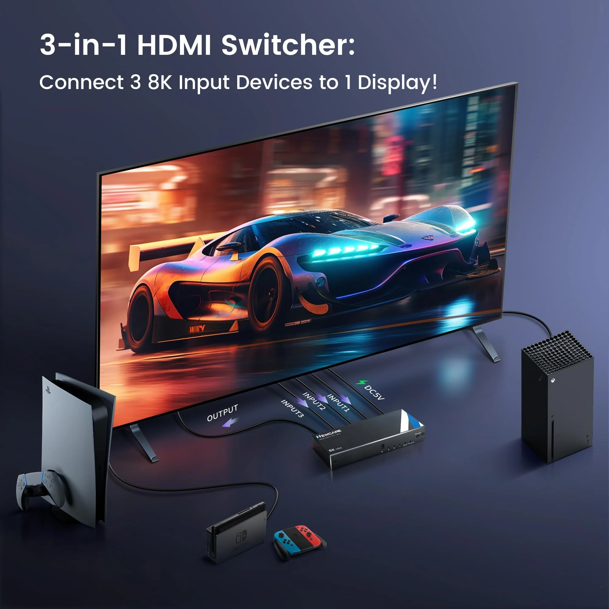 NEWCARE 8K HDMI 2.1 Switch 3 in 1 Out with Remote, 8K@60Hz 4K@120Hz HDMI Switch support 48Gbps, 3D Surround Sound, HDR 10+, VRR, ALLM,3 port HDMI Switcher Compatible with PS5/4 Xbox, Streaming Device 8K@60Hz HDMI Switch 3 in 1 Out - Image 2