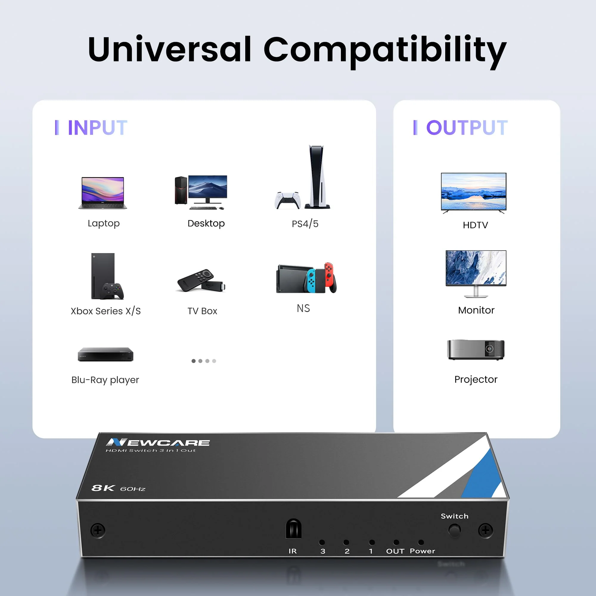 NEWCARE 8K HDMI 2.1 Switch 3 in 1 Out with Remote, 8K@60Hz 4K@120Hz HDMI Switch support 48Gbps, 3D Surround Sound, HDR 10+, VRR, ALLM,3 port HDMI Switcher Compatible with PS5/4 Xbox, Streaming Device 8K@60Hz HDMI Switch 3 in 1 Out - Image 5