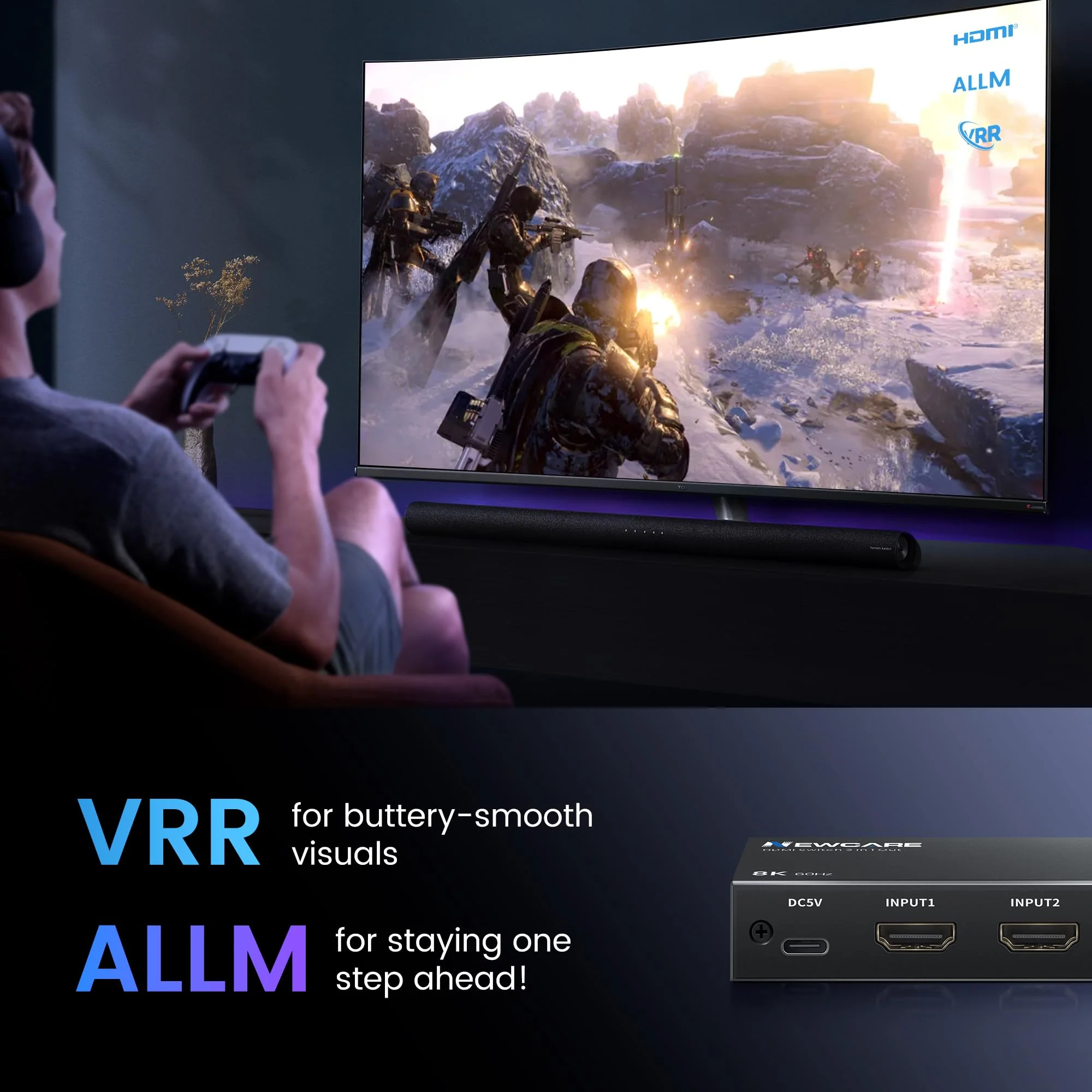 NEWCARE 8K HDMI 2.1 Switch 3 in 1 Out with Remote, 8K@60Hz 4K@120Hz HDMI Switch support 48Gbps, 3D Surround Sound, HDR 10+, VRR, ALLM,3 port HDMI Switcher Compatible with PS5/4 Xbox, Streaming Device 8K@60Hz HDMI Switch 3 in 1 Out - Image 7