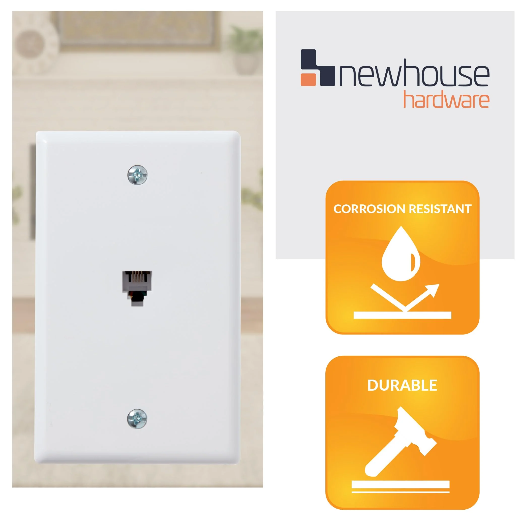 Newhouse Hardware 1-Port Telephone Jack Wall Plate, 6P4C, for RJ11 telephone cables, Single Gang, 5-Pack, White (PHP-WH-05) - Image 3