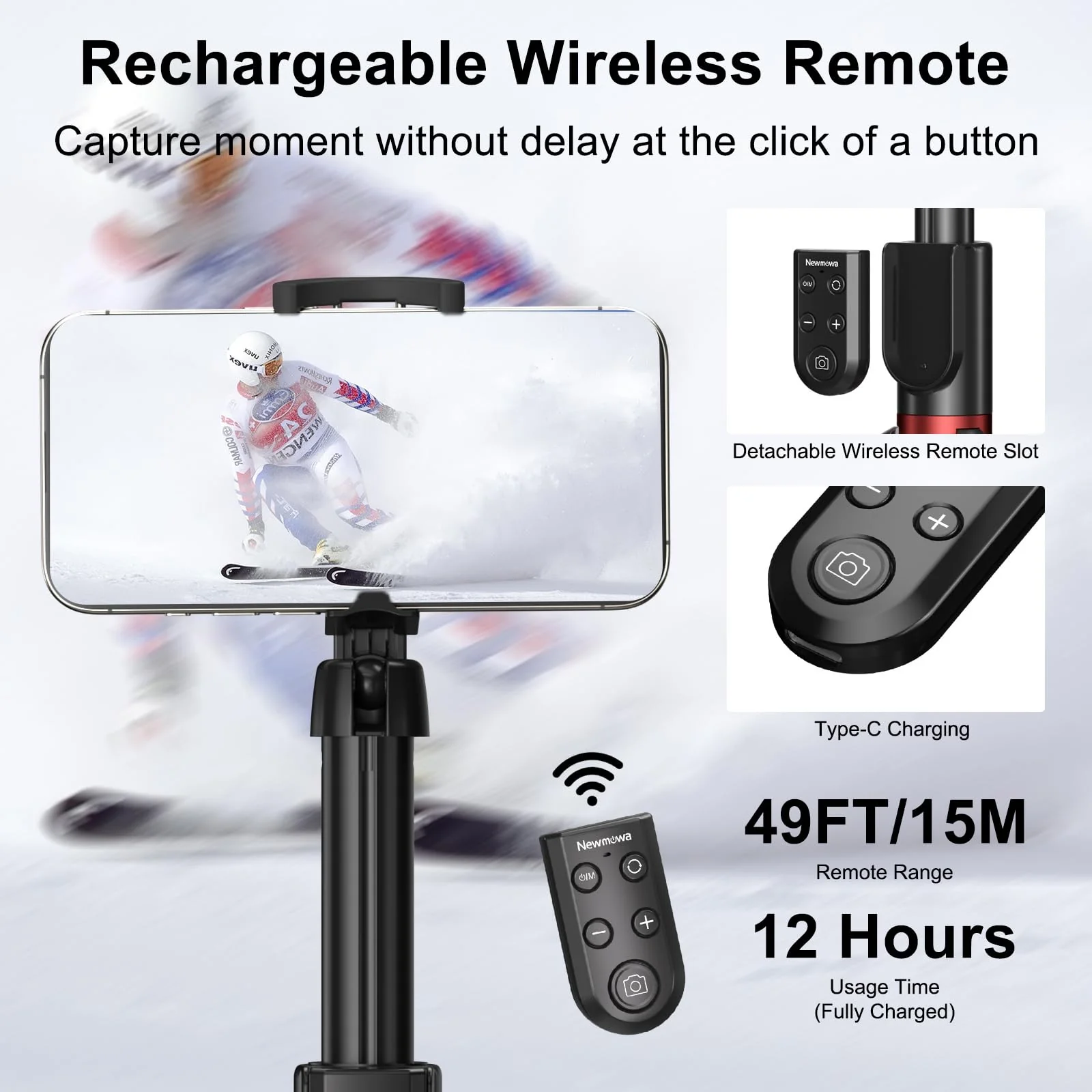 Newmowa Phone Remote Selfie Stick, Extendable Tripod with Rechargeable Detachable Remote for iPhone Video Photo Shooting/Zooming/Lens Switching, Compatible with iPhone 11 and Above(iOS 15 Above) - Image 6