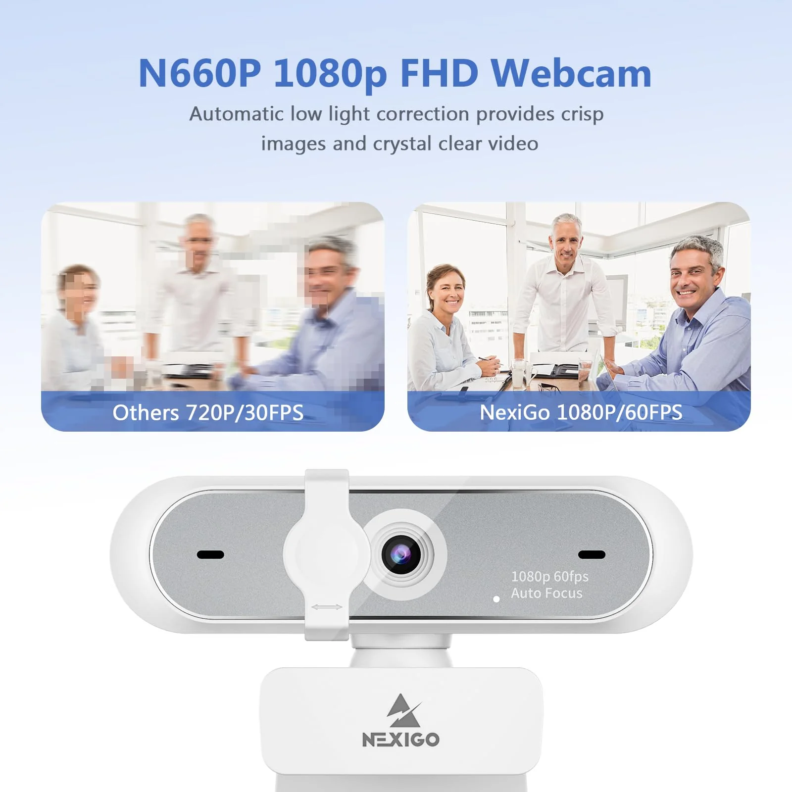 NexiGo N660P (Gen 2) 1080P 60FPS Webcam with Software Control, Dual Microphone & Cover, Autofocus, HD USB Computer Web Camera, for OBS/Zoom/Skype/FaceTime/Teams/Twitch, White - Image 2