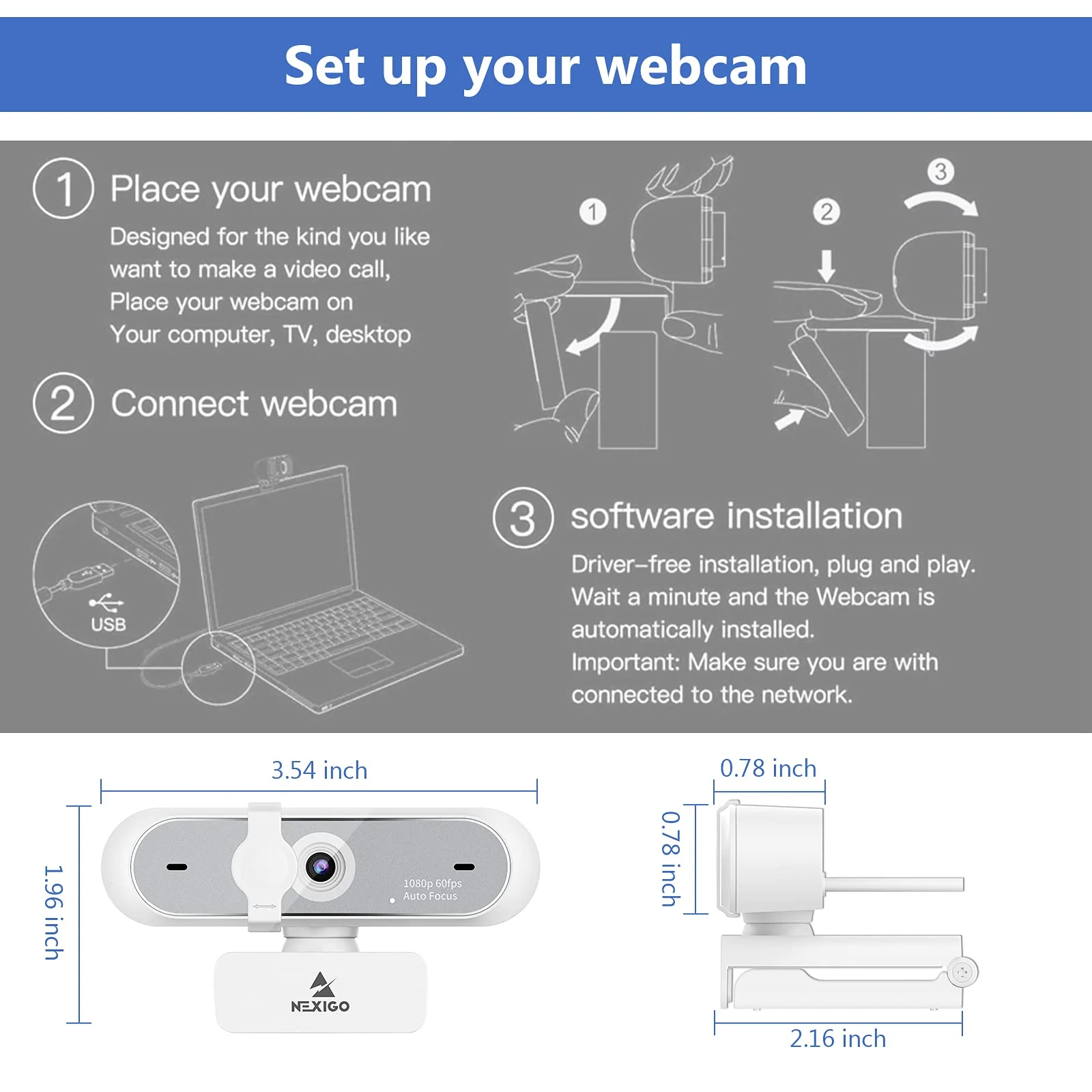 NexiGo N660P (Gen 2) 1080P 60FPS Webcam with Software Control, Dual Microphone & Cover, Autofocus, HD USB Computer Web Camera, for OBS/Zoom/Skype/FaceTime/Teams/Twitch, White - Image 7