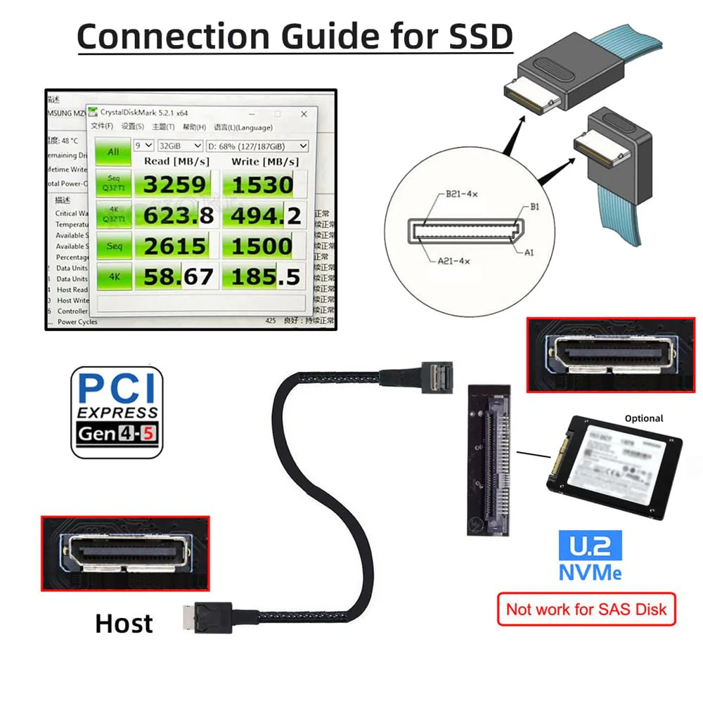 NFHK Down Angled 90 Degree OcuLink PCIe 4.0 PCI-Express SFF-8611 4i to SFF-8611 Data Active Cable for eGPU SSD 80cm - Image 5