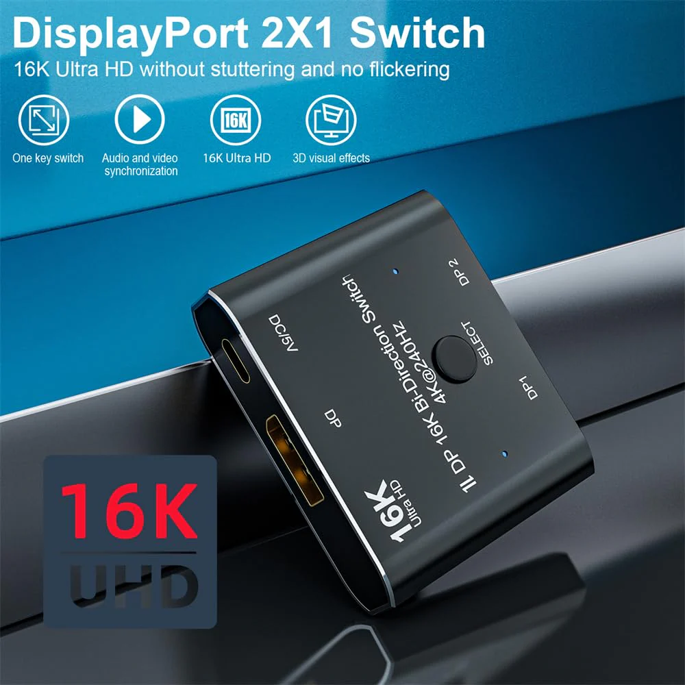 NFHK DP DisplayPort 2.0 Bi-Direction 2x1 Switch Splitter Selector Hub Support HDCP SST Extended 16K@60hz 4K@240hz Convertor DP 2x1 Switch - Image 2