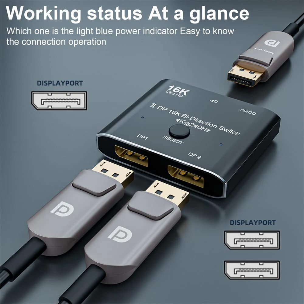 NFHK DP DisplayPort 2.0 Bi-Direction 2x1 Switch Splitter Selector Hub Support HDCP SST Extended 16K@60hz 4K@240hz Convertor DP 2x1 Switch - Image 3