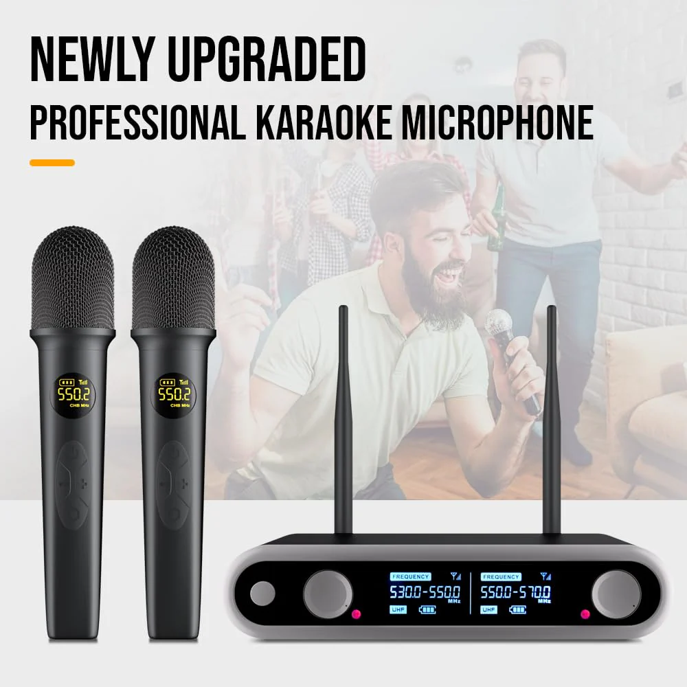 NG-88 2-Channel Wireless Microphone System, VHF Fixed Dual Band Wireless Kit with 2 Handheld Dynamic Transmitter Microphones and Receiver Base, for Sing, Wedding, DJ, Party, Black - Image 2
