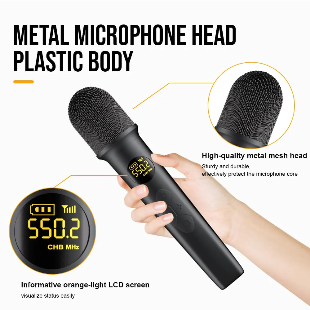 NG-88 2-Channel Wireless Microphone System, VHF Fixed Dual Band Wireless Kit with 2 Handheld Dynamic Transmitter Microphones and Receiver Base, for Sing, Wedding, DJ, Party, Black - Image 3