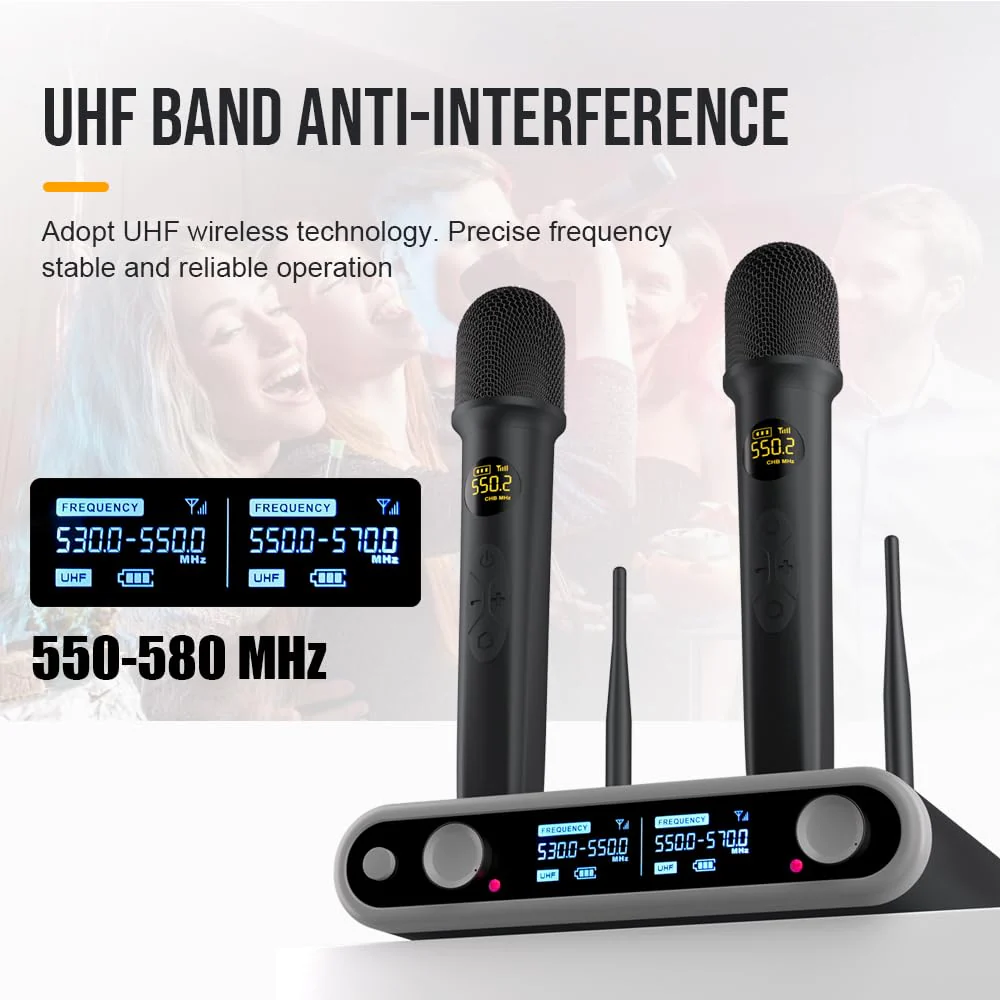 NG-88 2-Channel Wireless Microphone System, VHF Fixed Dual Band Wireless Kit with 2 Handheld Dynamic Transmitter Microphones and Receiver Base, for Sing, Wedding, DJ, Party, Black - Image 7