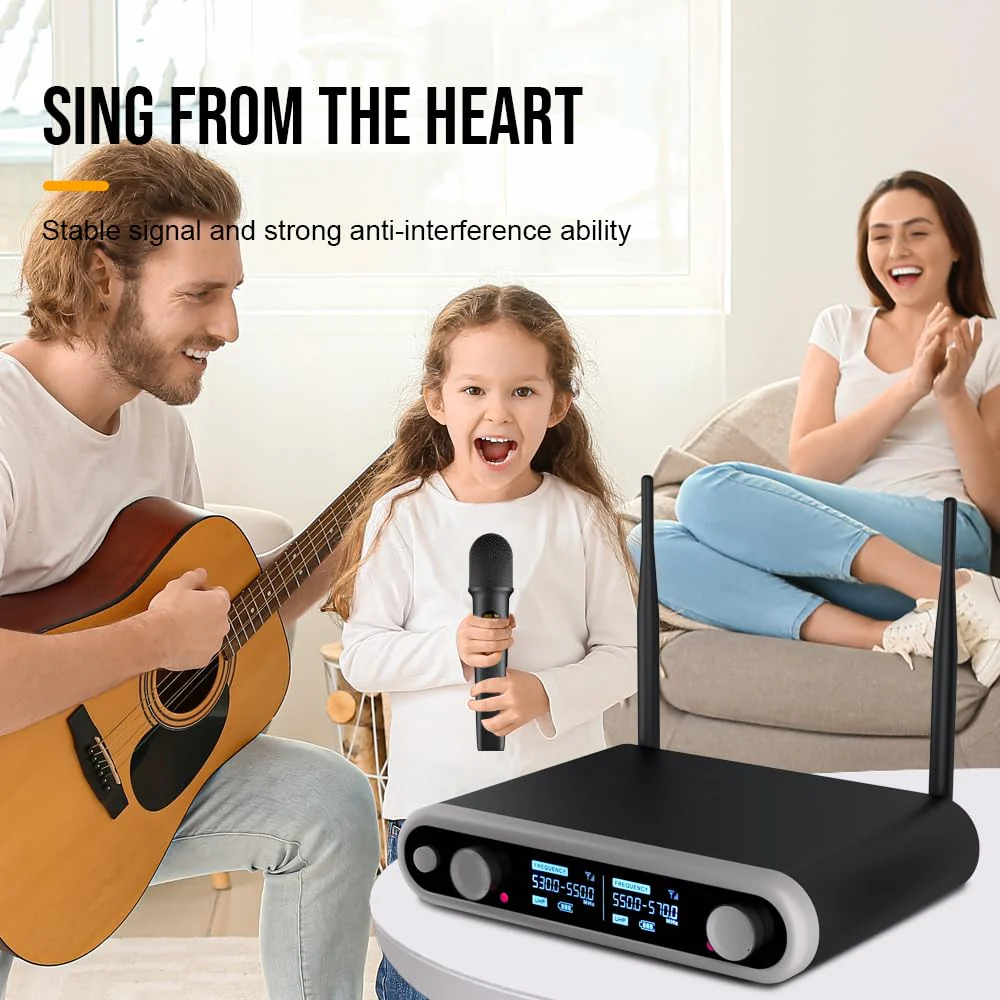 NG-88 2-Channel Wireless Microphone System, VHF Fixed Dual Band Wireless Kit with 2 Handheld Dynamic Transmitter Microphones and Receiver Base, for Sing, Wedding, DJ, Party, Black - Image 9