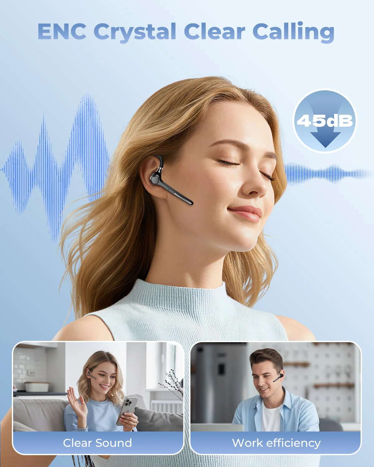 Ngsod Bluetooth Headset V5.4, Bluetooth Earpiece with 500mAh Charging Case, 50H Talk Time Wireless Headset with Mic for Computer Cell Phones, Hands Free Noise Canceling Headphones for Work Trucker Black - Image 4