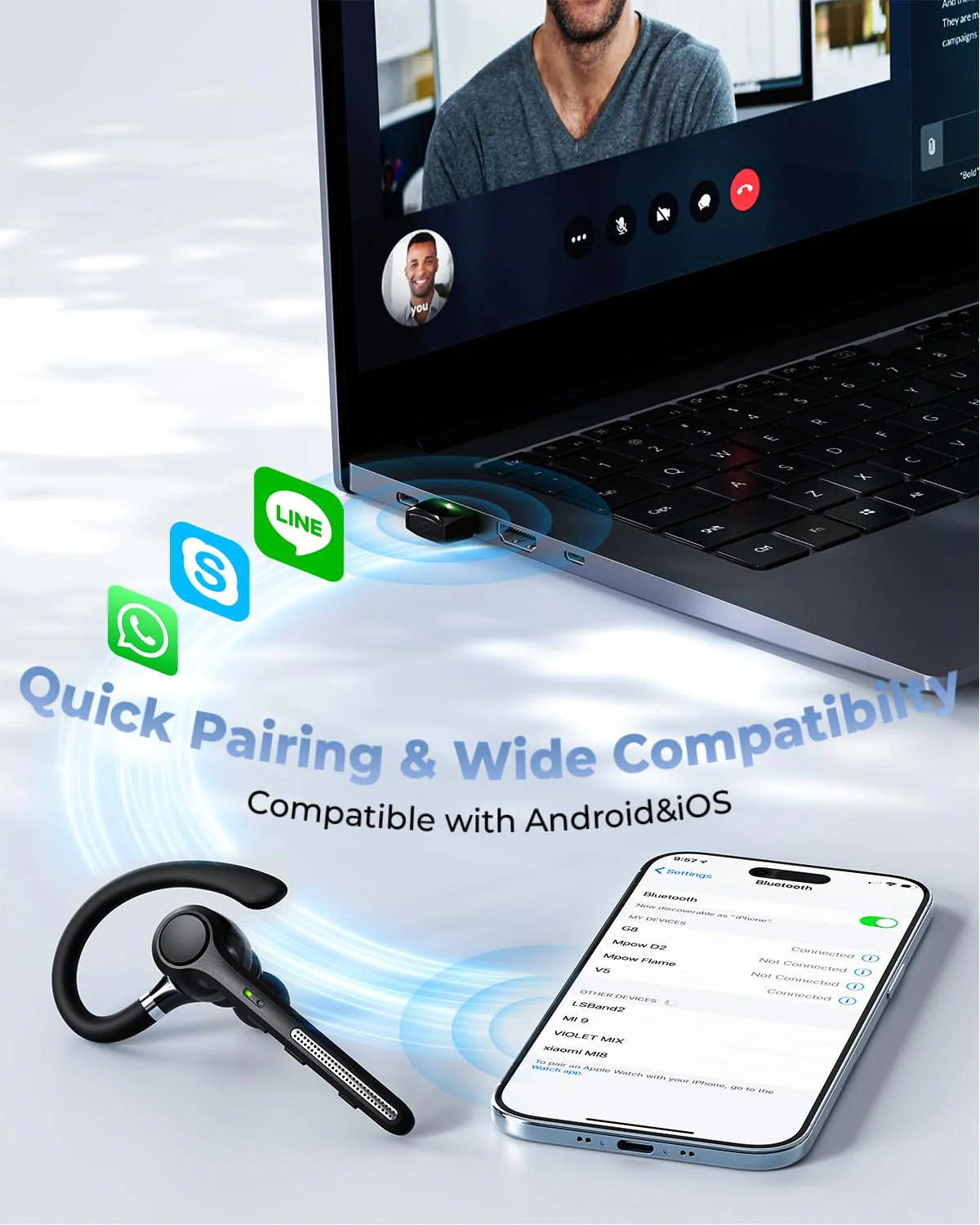 Ngsod Bluetooth Headset V5.4, Bluetooth Earpiece with 500mAh Charging Case, 50H Talk Time Wireless Headset with Mic for Computer Cell Phones, Hands Free Noise Canceling Headphones for Work Trucker Black - Image 5