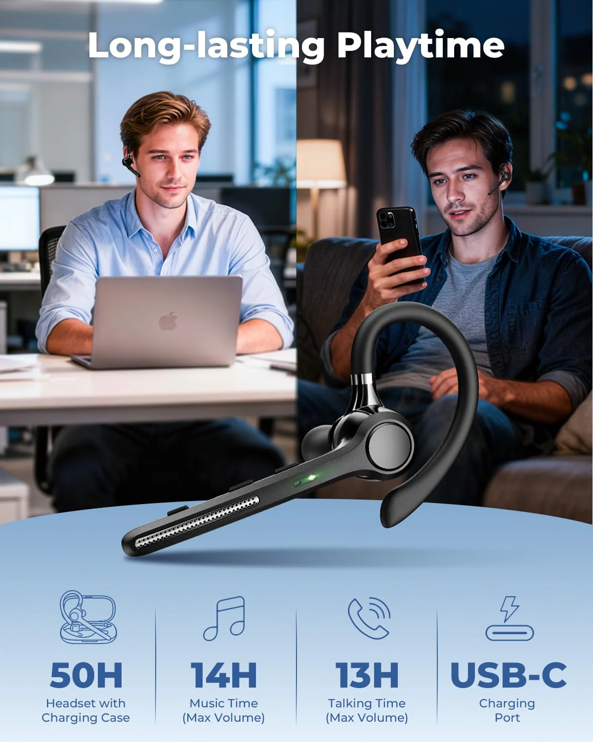 Ngsod Bluetooth Headset V5.4, Bluetooth Earpiece with 500mAh Charging Case, 50H Talk Time Wireless Headset with Mic for Computer Cell Phones, Hands Free Noise Canceling Headphones for Work Trucker Black - Image 7