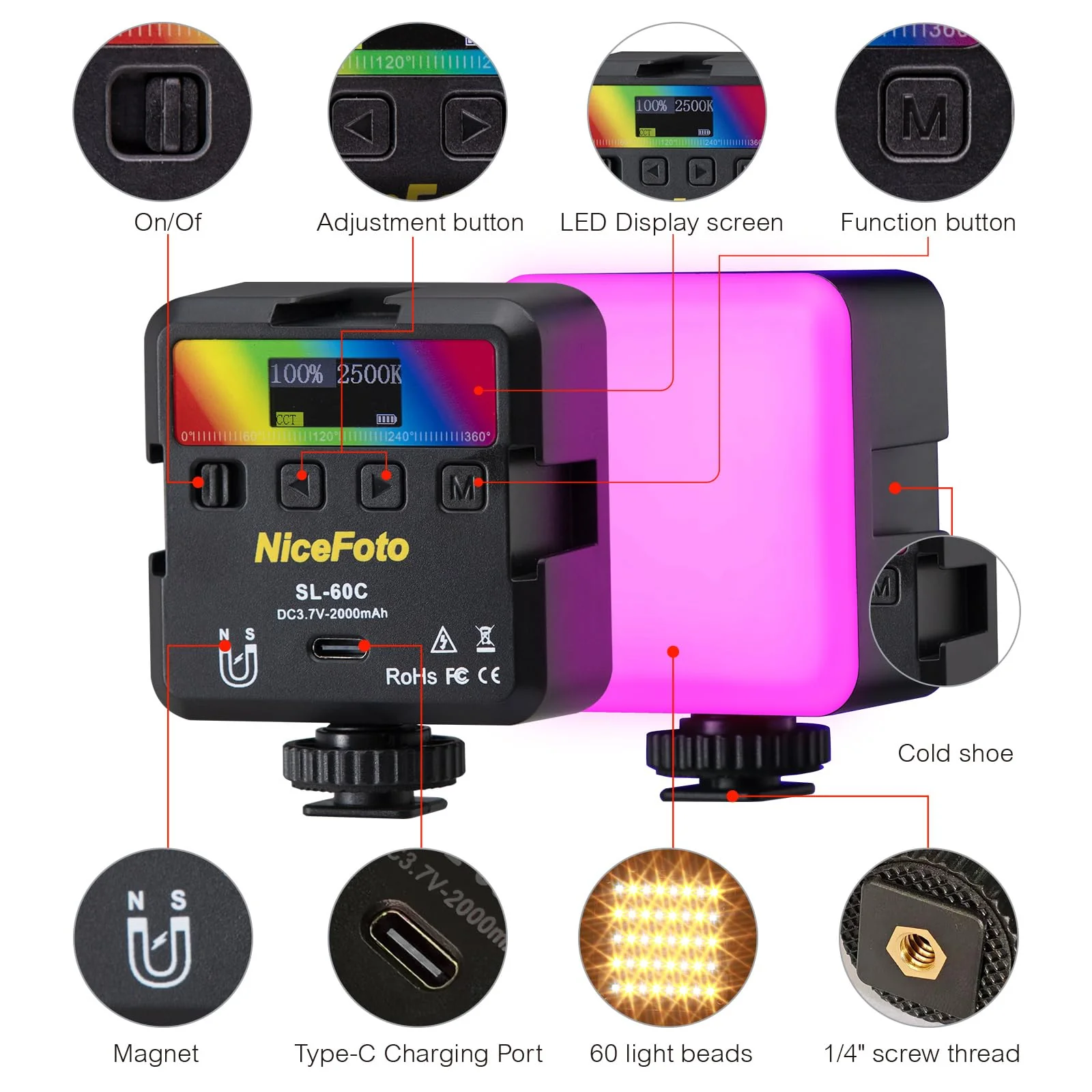 NiceFoto RGB Video Lights, 360° Full Color LED Video Light with 3 Cold Shoe Mounts, 2500K-9000K, CRI 96+, 18 Scene Modes, Magnetic RGB Camera Light for Vlog Filming, TikTok, Live, Photography - Image 2