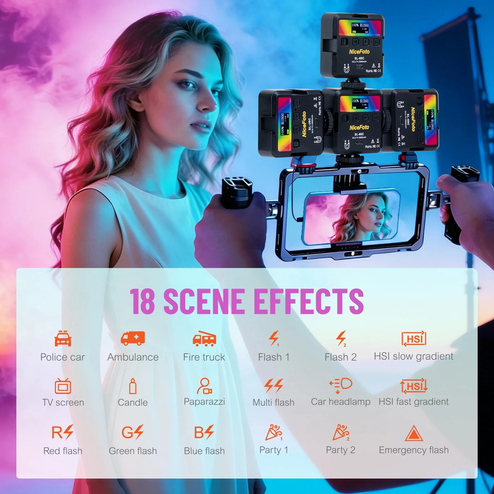 NiceFoto RGB Video Lights, 360° Full Color LED Video Light with 3 Cold Shoe Mounts, 2500K-9000K, CRI 96+, 18 Scene Modes, Magnetic RGB Camera Light for Vlog Filming, TikTok, Live, Photography - Image 4
