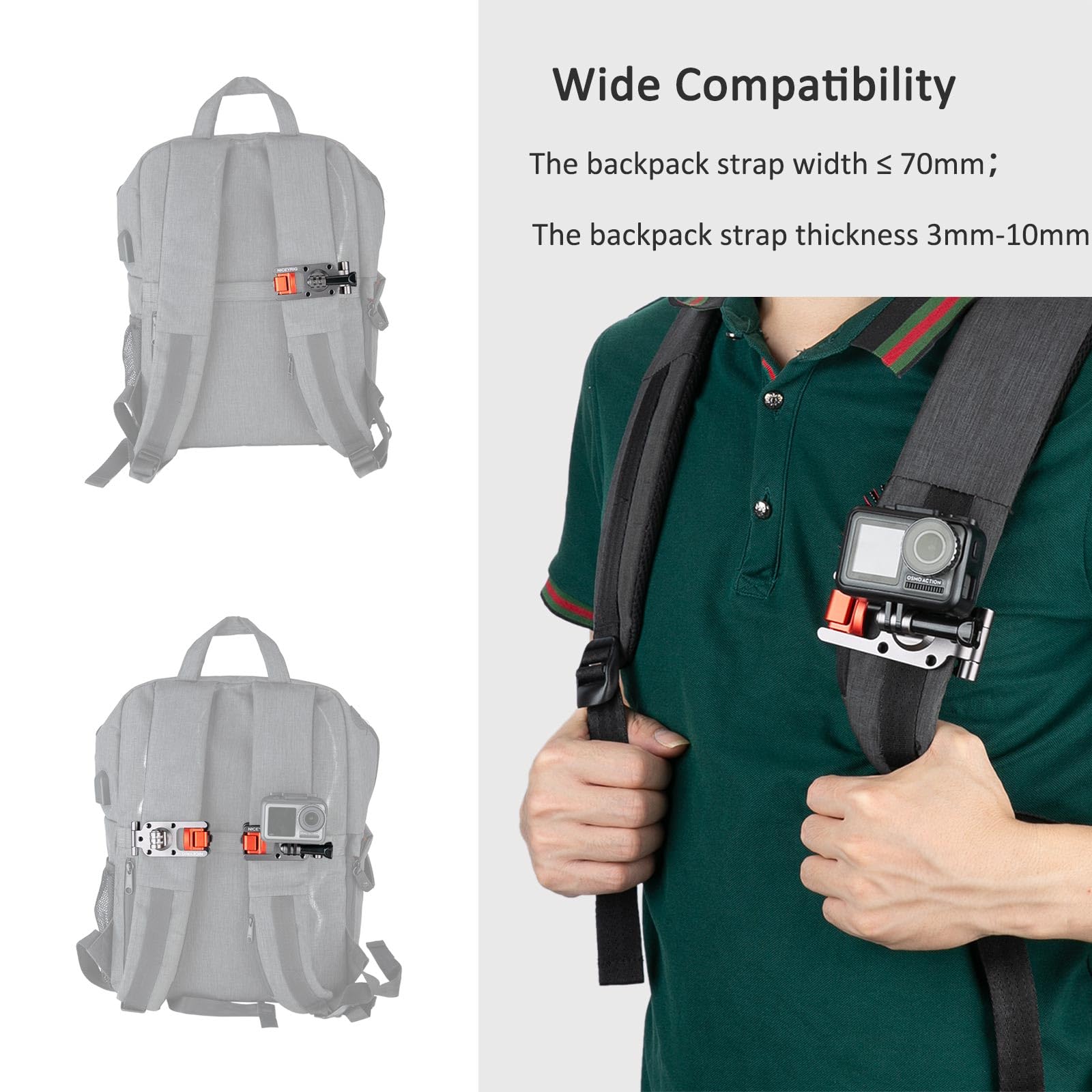 NICEYRIG Aluminum Backpack Strap Mount for GoPro Hero 11/10/9/8/7, DJI OSMO Action 3 [Upgraded Version] with 3mm - 10mm Wide Range Clamp Applicable for Padded Backpack, Bag, Tool Belt - Image 5