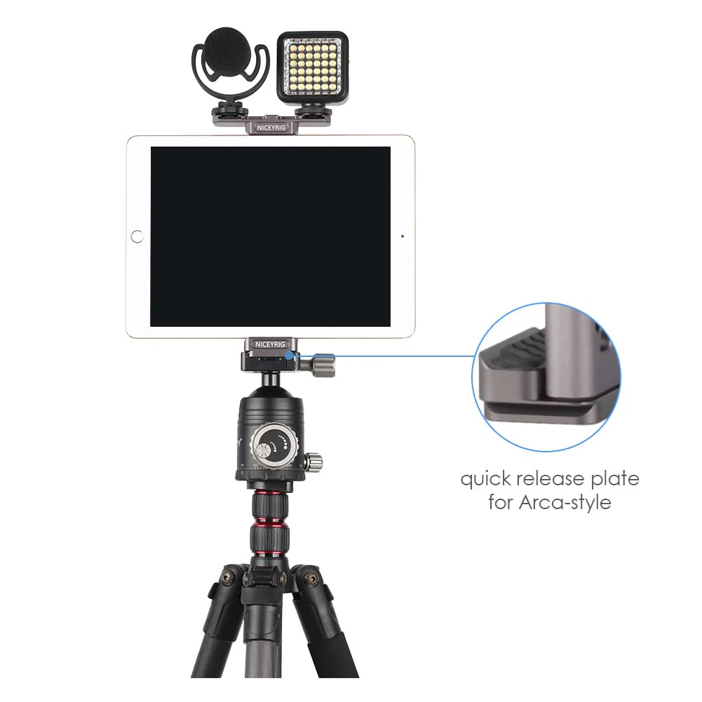 NICEYRIG Aluminum Tripod Mount for iPad Pro 12.9'' 11''/Air 10.9'' 10.5''/Mini 8.3'' 7.9'' Video Recording Vlog Vlogging Lives, Professional Tablet Holder with QR Plate for Arca-Swiss - 502 - Image 4