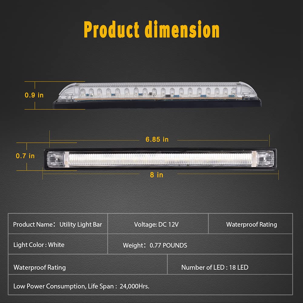 nifeida 8" Clear Lens 18LED Waterproof Utility Strip Light Bar Surface Mount for 12V Marine Boat RV Interior Light Slim Line Pickup Truck Trailer Under Hood Lights Side Marker Lamp [Pack of 4] White - Image 6