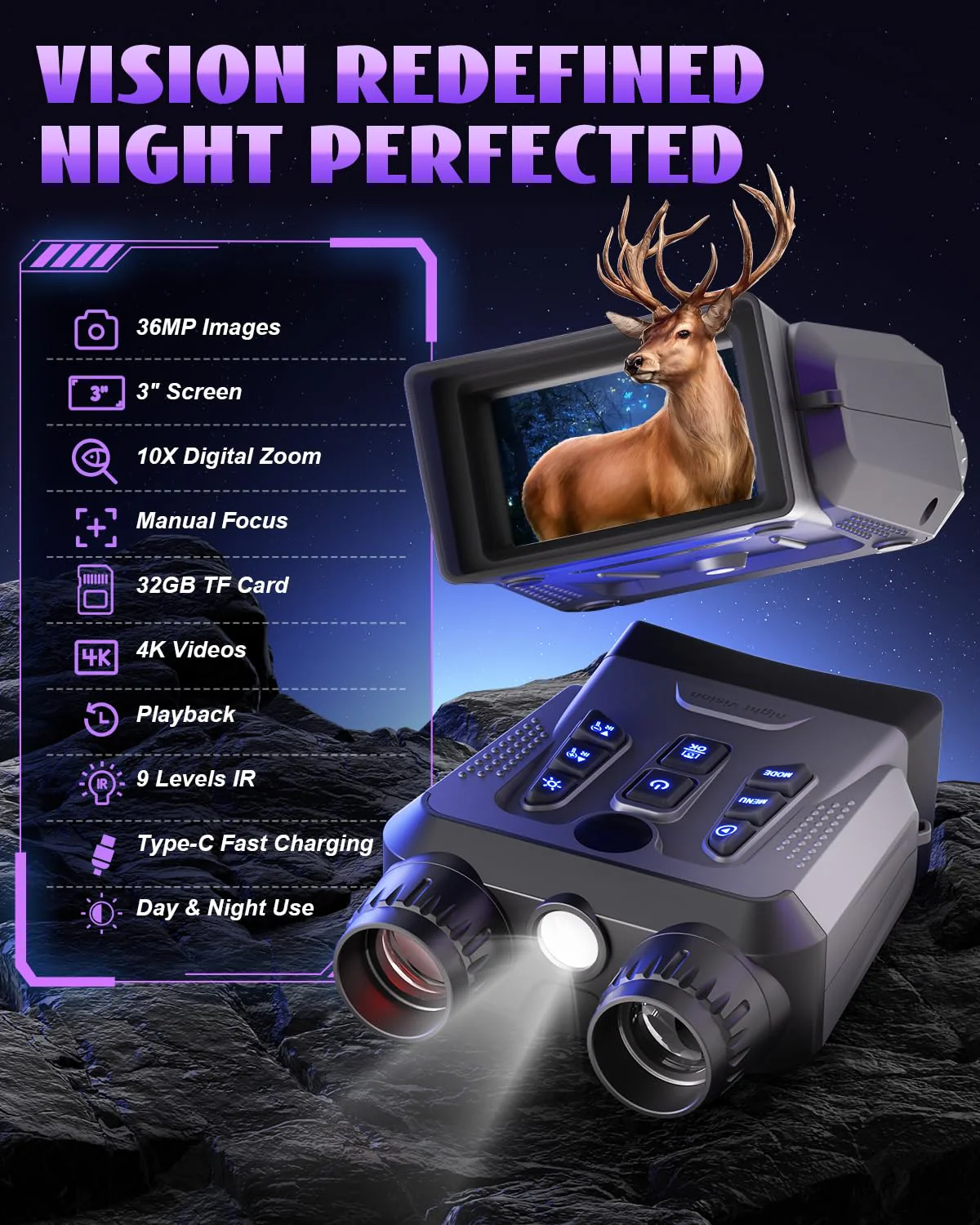 Night Vision Goggles, 4K Night Vision Binoculars for Adults High Powered, 3.0” HD Night Vision Camera Infrared Goggles Scope and Day for Camping & Outdoor with 32GB TF Card, 10X Digital Zoom & 9 IR Grey - Image 2
