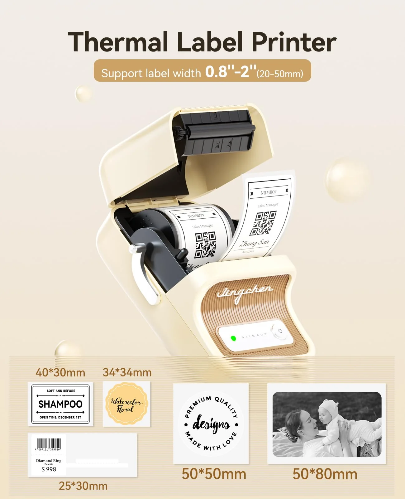 NIIMBOT B21 Label Maker Inkless Bluetooth Label Printer, 2 Inch Portable Thermal Printer for Small Business, Address, Logo, Clothing, Mailing, Candles, Jewelry, Sticker Printer for Gift, White Cream White - Image 5