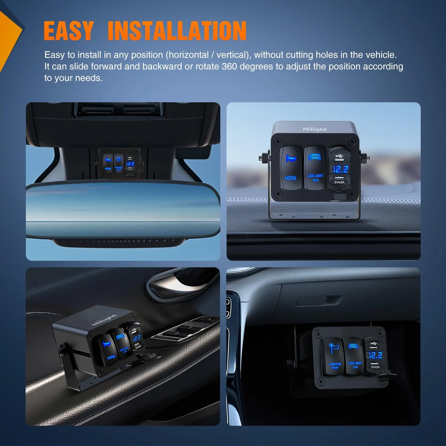 Nilight 3 Gang Rocker Switch Box 3 Holes Panel Detachable Installation Housing Waterproof Aluminum Rotatable Mount Bracket 12V 24V DIY Toggle Switches Voltmeter USB Socket for Boats Cars RVs Trucks Black-Switch Box Only - Image 8