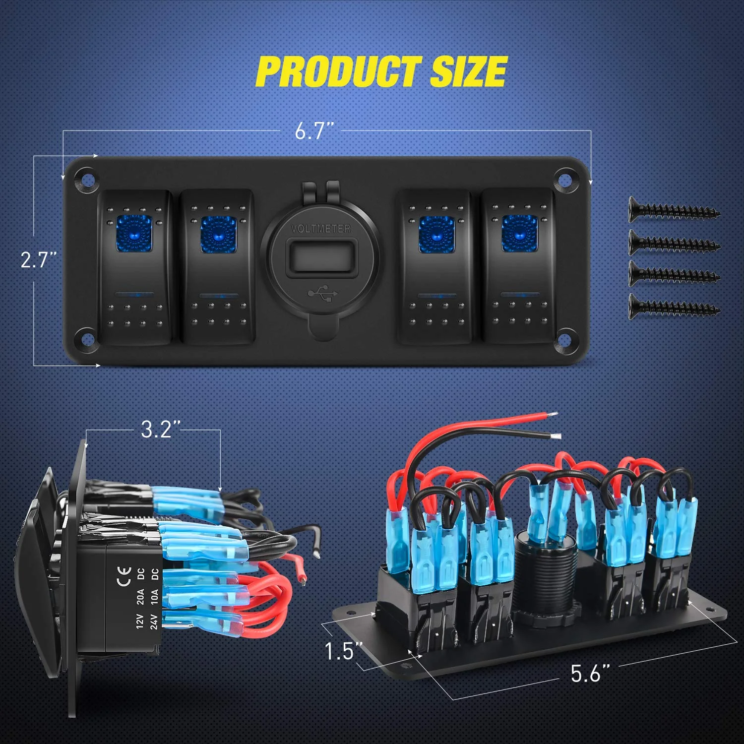 Nilight 4 Gang Rocker Switch Panel with QC3.0 Dual USB Charger Voltmeter Waterproof and Night Glow Stickers 12V-24V DC for Cars Trucks Boats RV Blue 4+1 Gang Dual USB - Image 5