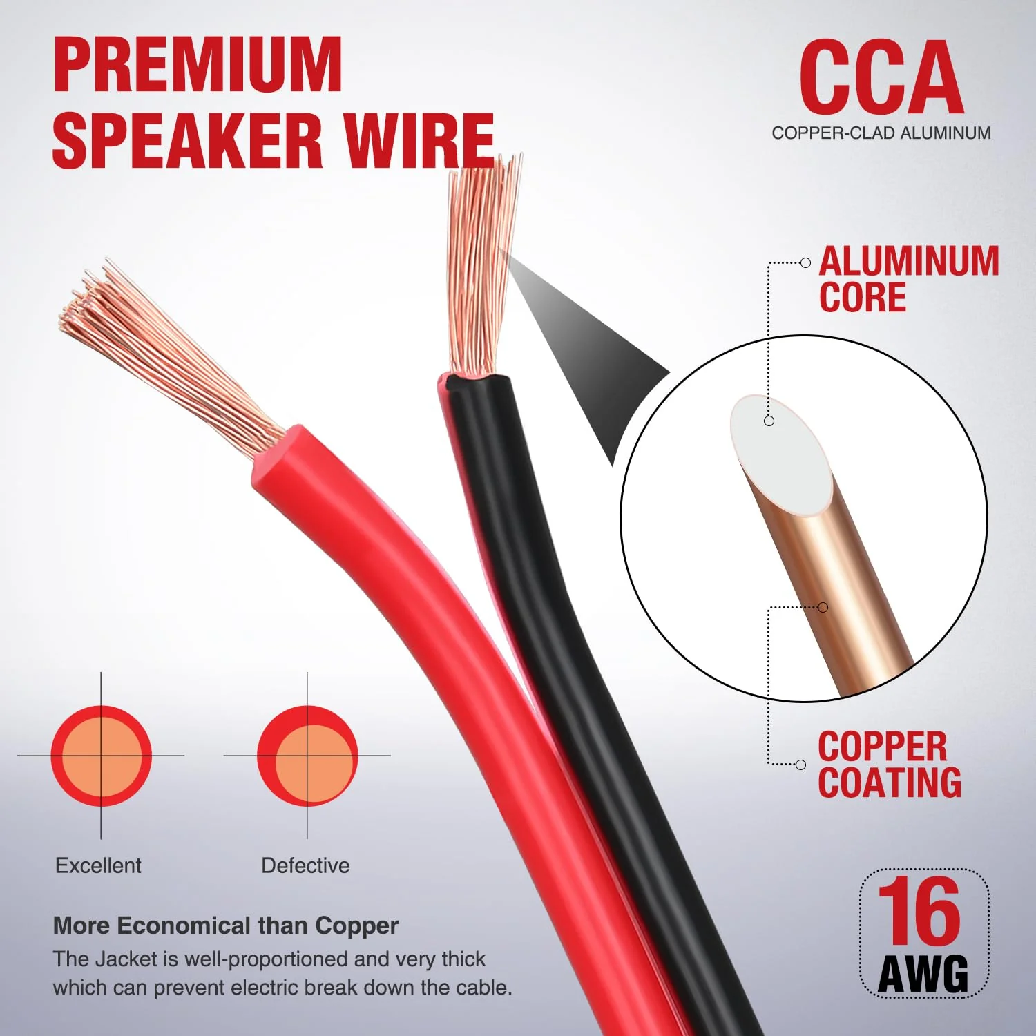 Nilight 50FT 16AWG Copper Clad Aluminum Wire 16/2 Gauge Red Black CCA Electrical Cable 2 Conductor Parallel 12V/24V DC Flexible Extension Cords for Car Audio Radio Speaker Amplifier, 2 Years Warranty 16AWG-50FT - Image 2