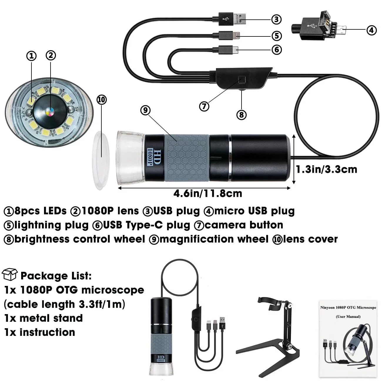 Ninyoon Full HD 1080P USB Digital Microscope Camera for iPhone iPad Android PC, 50-1000X High Definition Portable Handheld Microscope with Light for Coin Plants Trichome Soldering Skin Scalp Black - Image 6