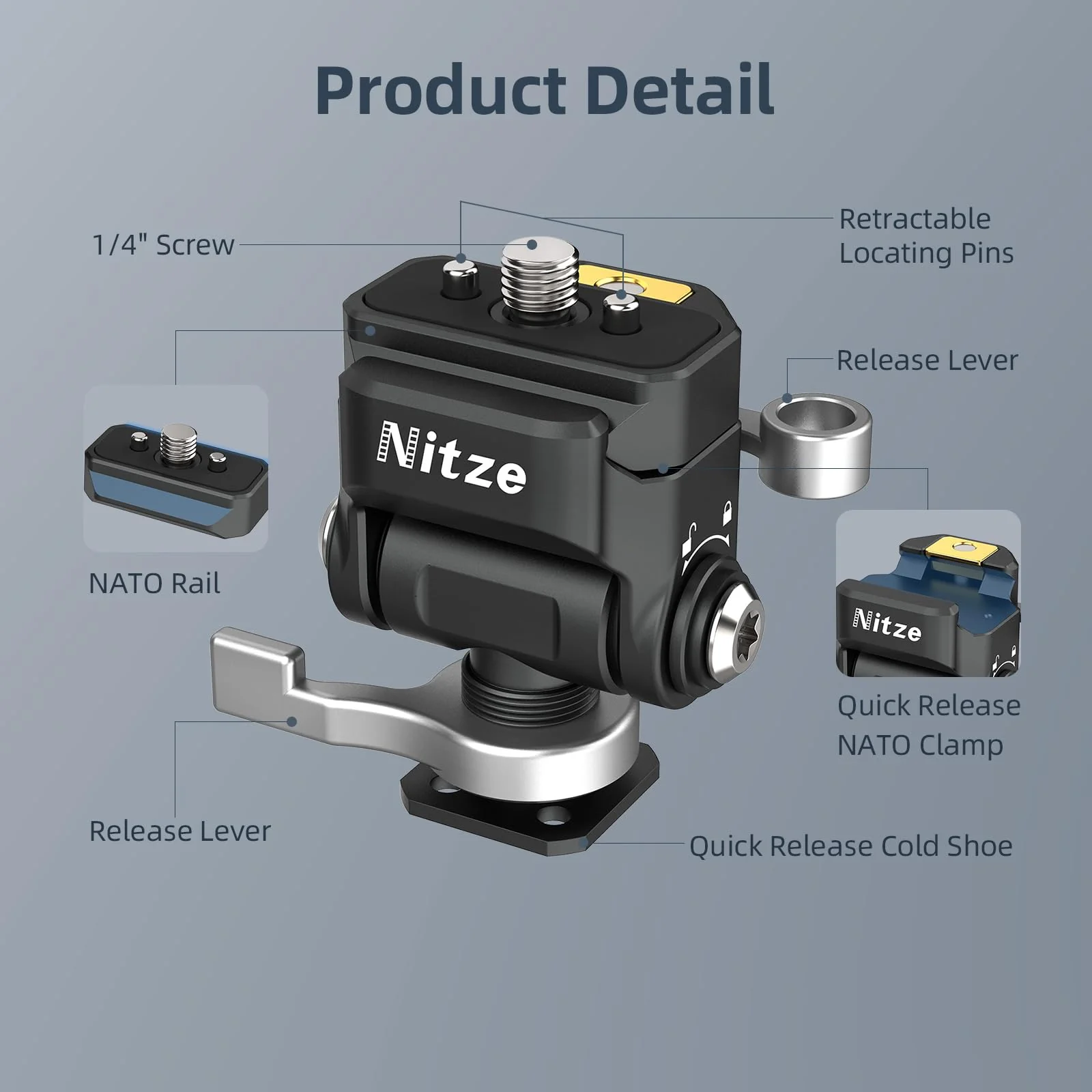Nitze Quick Release Camera Monitor Mount (NATO Rail with 1/4” Screw and Retractable Pins to Cold Shoe), Field Monitor Mount with Adjustable NATO Clamp, 170° Tilt and 360° Pan - N54-S1 - Image 2