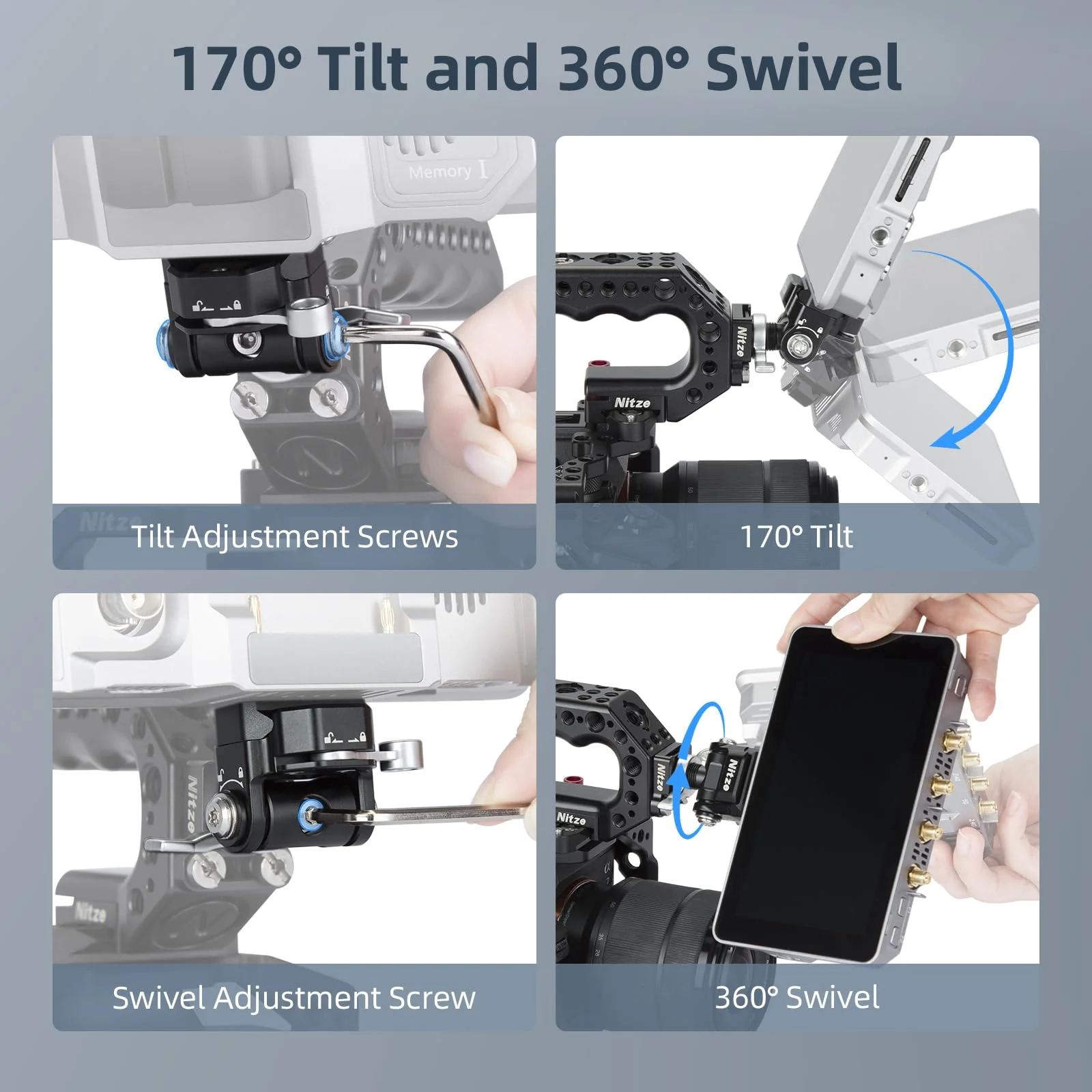 Nitze Quick Release Camera Monitor Mount (NATO Rail with 1/4” Screw and Retractable Pins to Cold Shoe), Field Monitor Mount with Adjustable NATO Clamp, 170° Tilt and 360° Pan - N54-S1 - Image 3