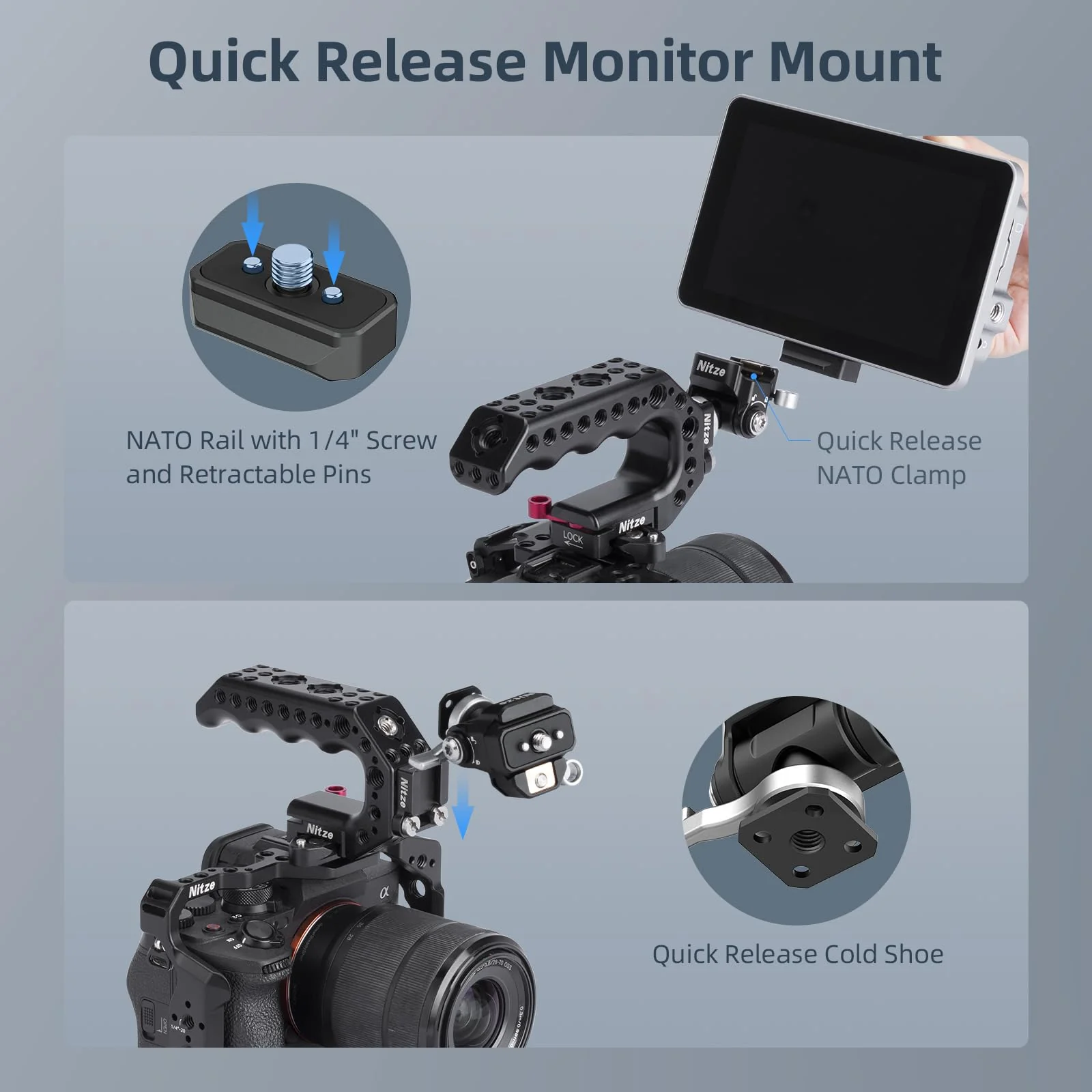 Nitze Quick Release Camera Monitor Mount (NATO Rail with 1/4” Screw and Retractable Pins to Cold Shoe), Field Monitor Mount with Adjustable NATO Clamp, 170° Tilt and 360° Pan - N54-S1 - Image 4
