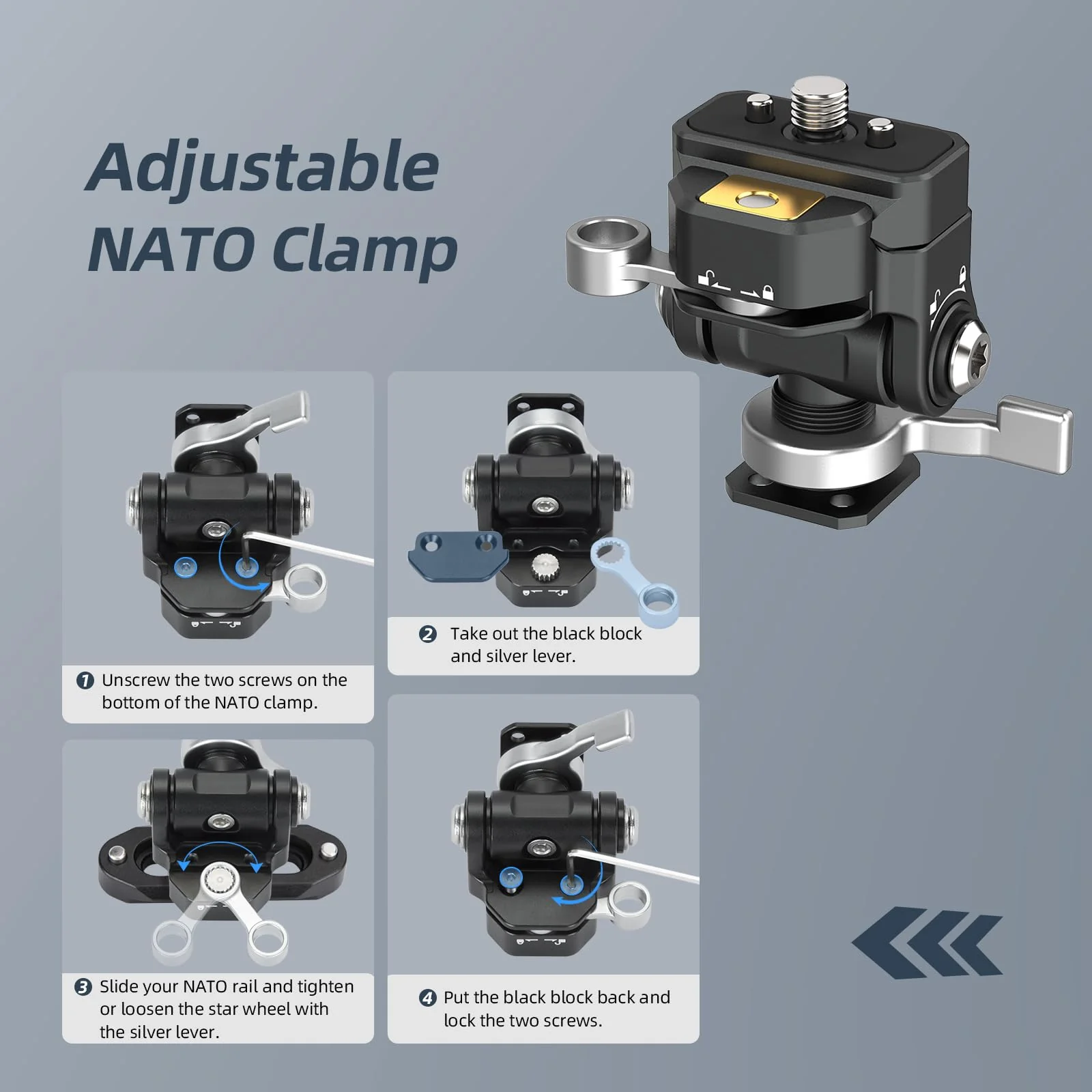 Nitze Quick Release Camera Monitor Mount (NATO Rail with 1/4” Screw and Retractable Pins to Cold Shoe), Field Monitor Mount with Adjustable NATO Clamp, 170° Tilt and 360° Pan - N54-S1 - Image 5