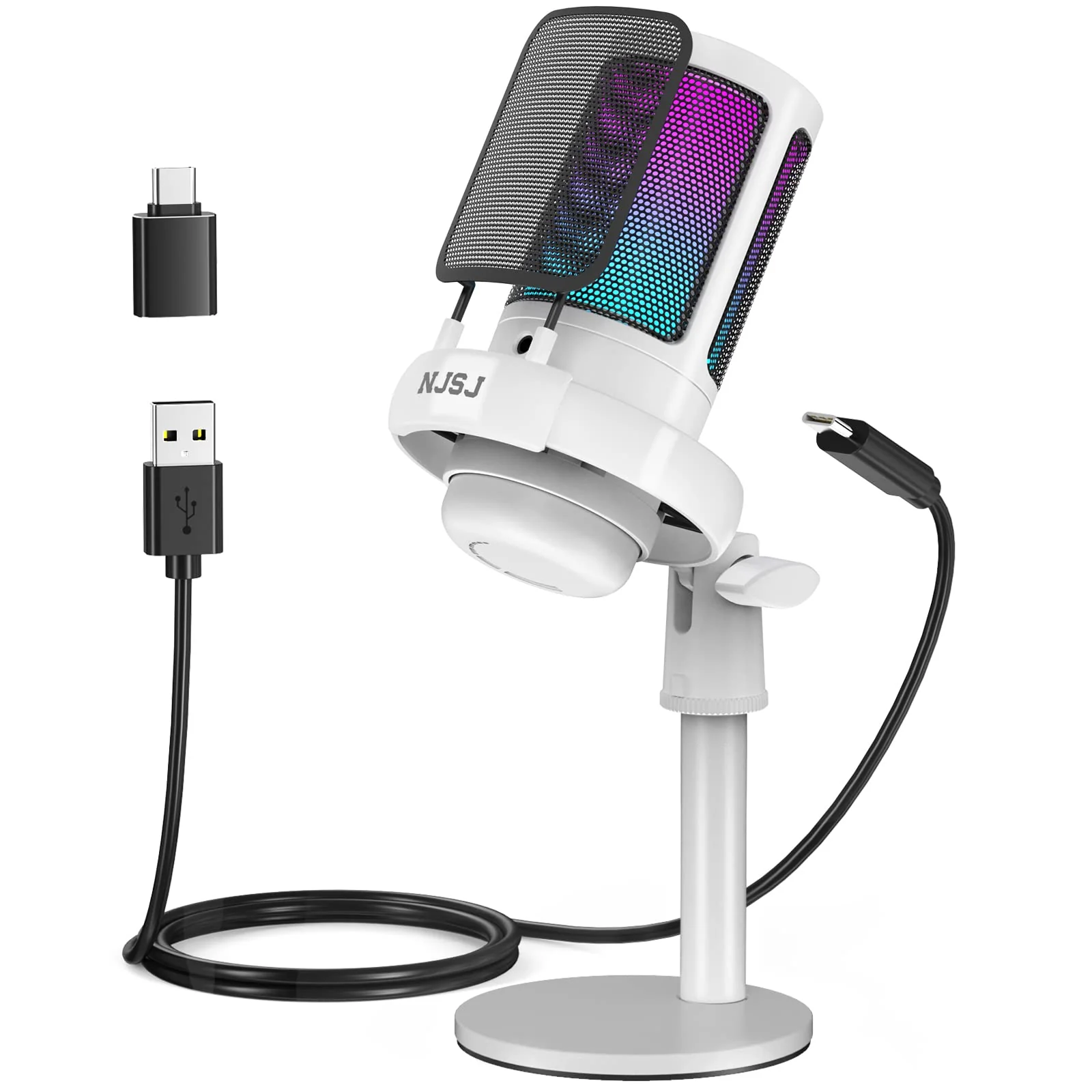 NJSJ USB Microphone for PC, Gaming Mic for PS4/ PS5/ Mac/Phone,Condenser Microphone with Touch Mute, RGB Lighting,Gain knob & Monitoring Jack for Streaming,Podcasting (with Desktop Stand, White) With desktop stand