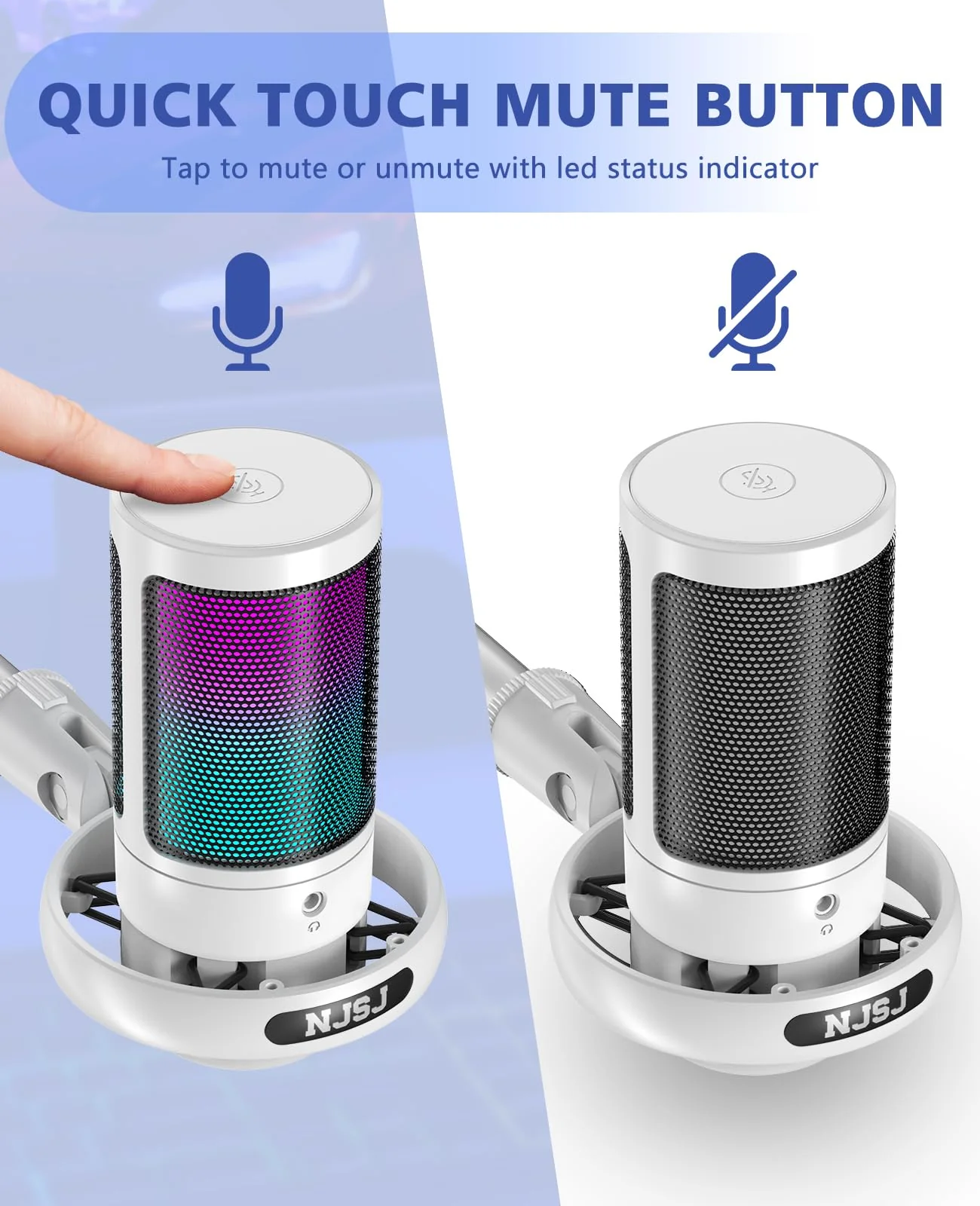 NJSJ USB Microphone for PC, Gaming Mic for PS4/ PS5/ Mac/Phone,Condenser Microphone with Touch Mute, RGB Lighting,Gain knob & Monitoring Jack for Streaming,Podcasting (with Desktop Stand, White) With desktop stand - Image 2