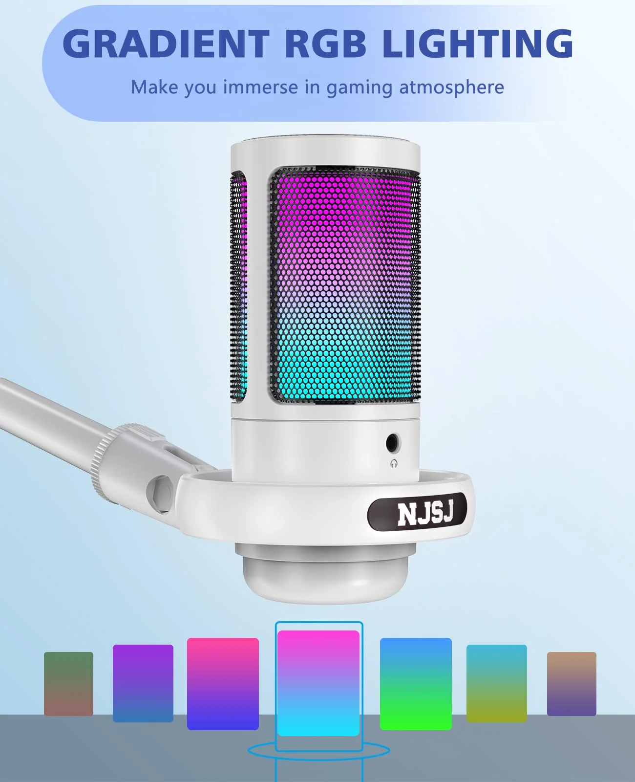 NJSJ USB Microphone for PC, Gaming Mic for PS4/ PS5/ Mac/Phone,Condenser Microphone with Touch Mute, RGB Lighting,Gain knob & Monitoring Jack for Streaming,Podcasting (with Desktop Stand, White) With desktop stand - Image 3