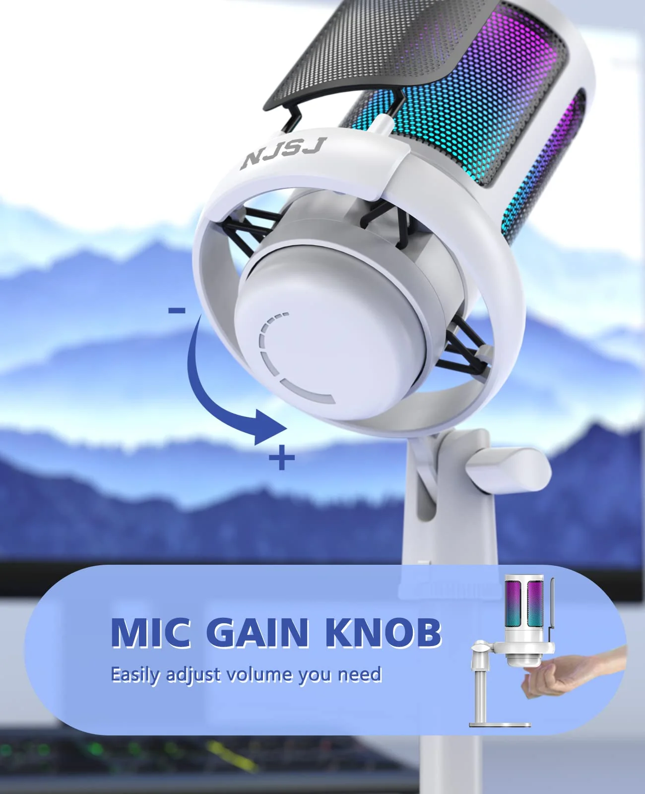NJSJ USB Microphone for PC, Gaming Mic for PS4/ PS5/ Mac/Phone,Condenser Microphone with Touch Mute, RGB Lighting,Gain knob & Monitoring Jack for Streaming,Podcasting (with Desktop Stand, White) With desktop stand - Image 4