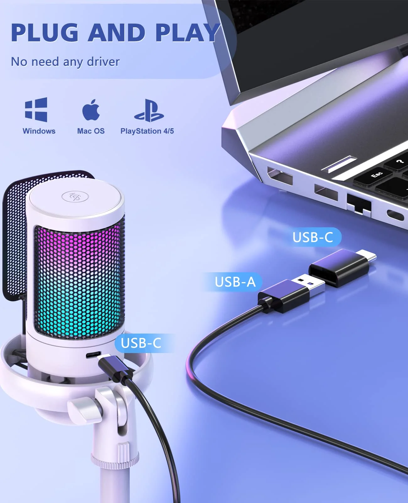 NJSJ USB Microphone for PC, Gaming Mic for PS4/ PS5/ Mac/Phone,Condenser Microphone with Touch Mute, RGB Lighting,Gain knob & Monitoring Jack for Streaming,Podcasting (with Desktop Stand, White) With desktop stand - Image 5